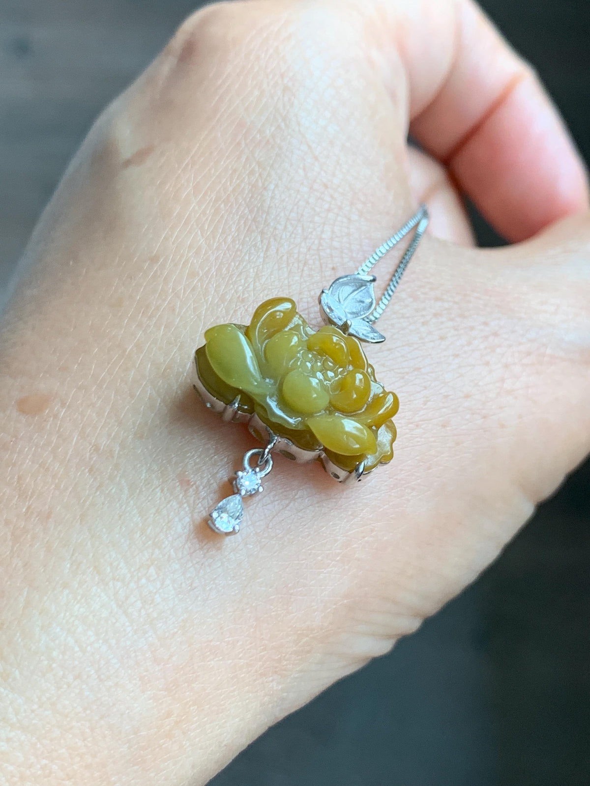 Certified Grade A Natural Guatemalan Icy Intense Yellow Jade Jadeite Lotus Flower Pendant Moissanite Sterling Silver 4g 天然冰危油黄翡翠莲花镶嵌吊坠 1004