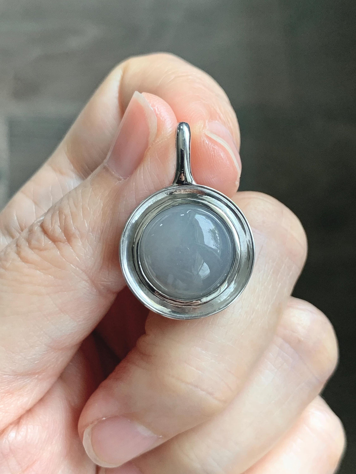 Certified Natural Grade A Icy Translucent Light Gray Wuji Jade Jadeite Round Pendant Sterling Silver 6.85g 天然冰胶紫底乌鸡翡翠镶嵌吊坠 1003