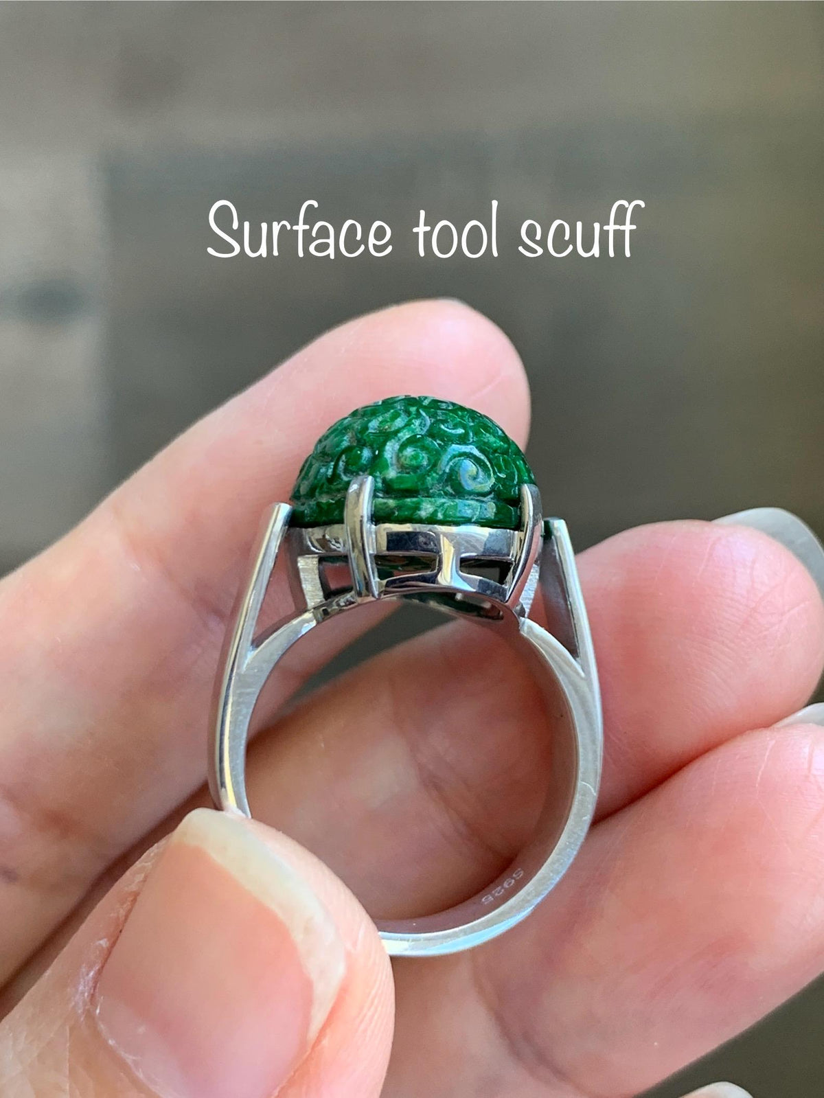 Certified Natural Grade A Icy Intense Green Hua Qing Jade Jadeite Engraved Large Oval Ring Size 7.25 US 9.41g 天然满绿花青翡翠仿古雕大蛋面戒指 1020