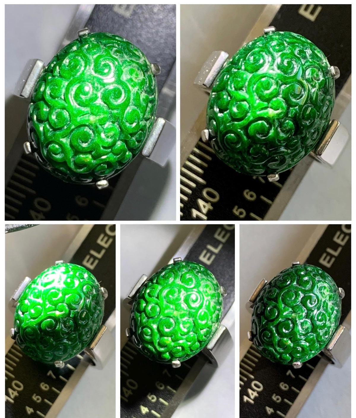 Certified Natural Grade A Icy Intense Green Hua Qing Jade Jadeite Engraved Large Oval Ring Size 7.25 US 9.41g 天然满绿花青翡翠仿古雕大蛋面戒指 1020