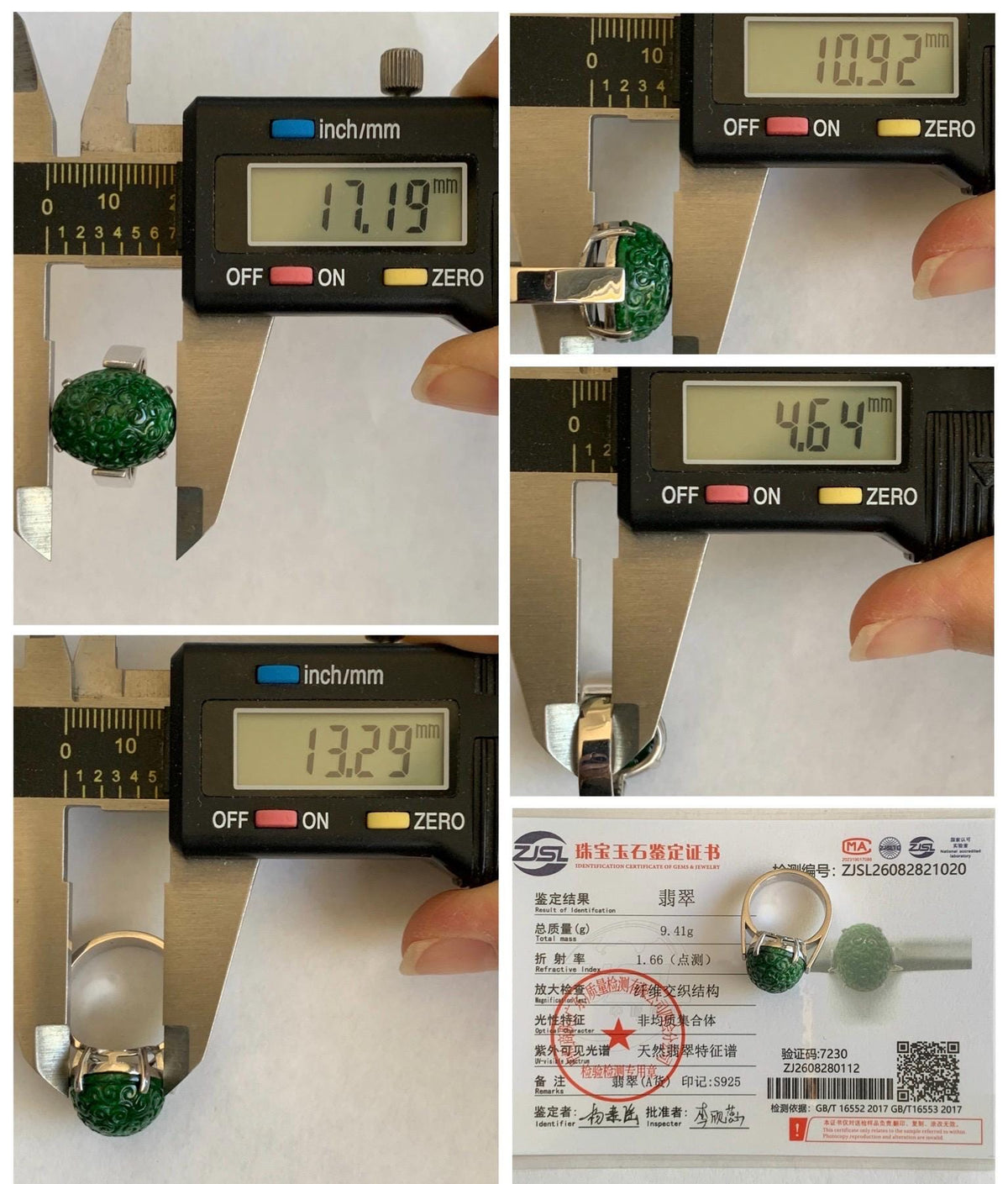 Certified Natural Grade A Icy Intense Green Hua Qing Jade Jadeite Engraved Large Oval Ring Size 7.25 US 9.41g 天然满绿花青翡翠仿古雕大蛋面戒指 1020