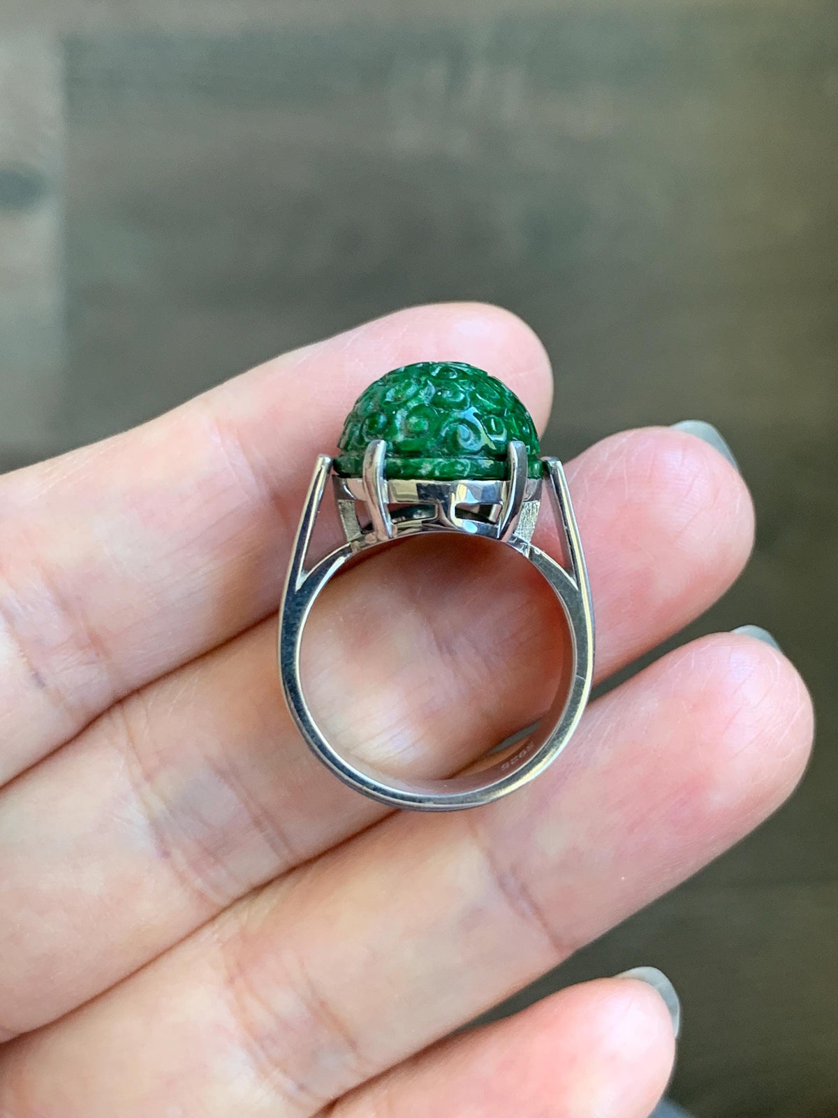 Certified Natural Grade A Icy Intense Green Hua Qing Jade Jadeite Engraved Large Oval Ring Size 7.25 US 9.41g 天然满绿花青翡翠仿古雕大蛋面戒指 1020