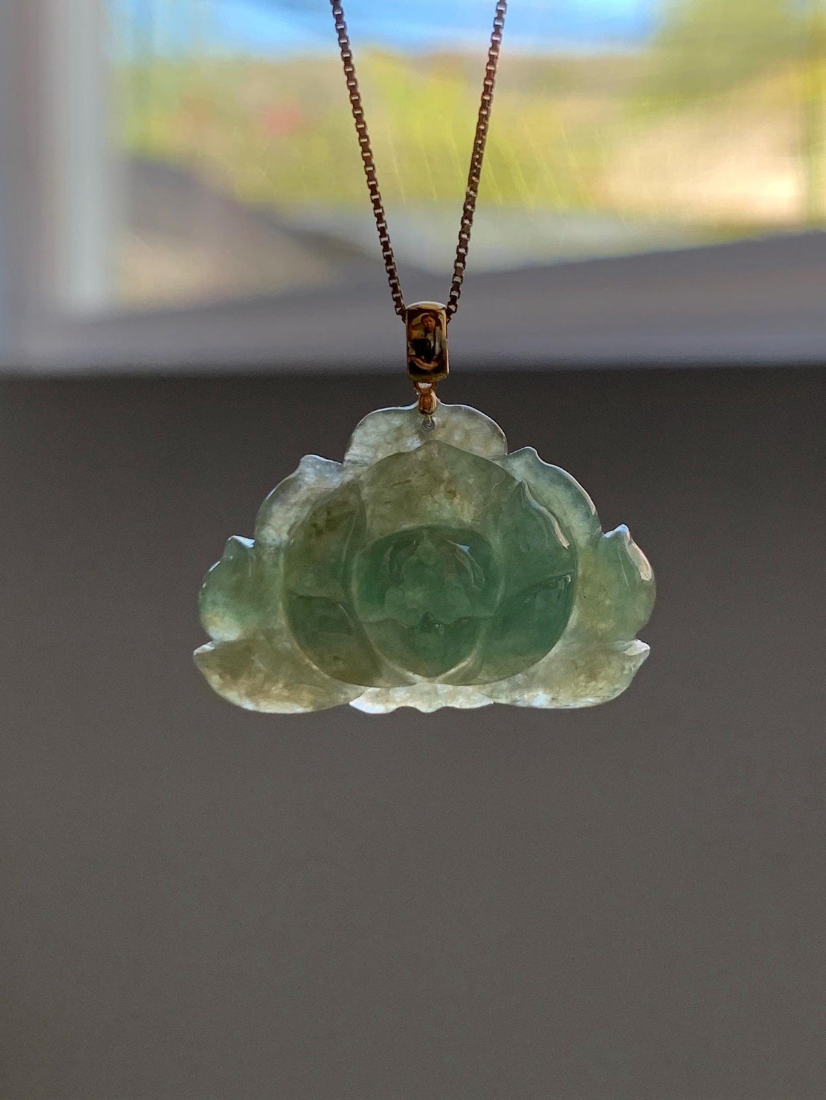 Natural Grade A Icy Translucent Yellowish Green Bicolored Jade Jadeite Lotus Flower Pendant 18K Yellow Gold 4g 天然冰茶黄翡翠莲花镶嵌吊坠 MSS180