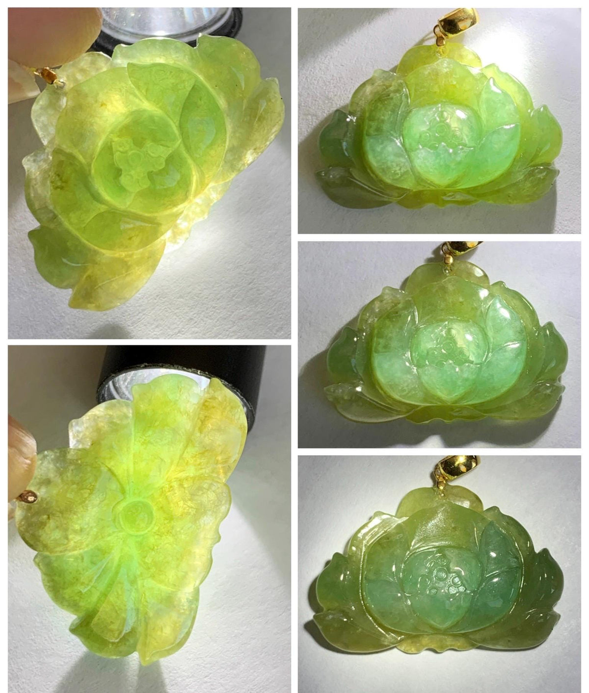 Natural Grade A Icy Translucent Yellowish Green Bicolored Jade Jadeite Lotus Flower Pendant 18K Yellow Gold 4g 天然冰茶黄翡翠莲花镶嵌吊坠 MSS180