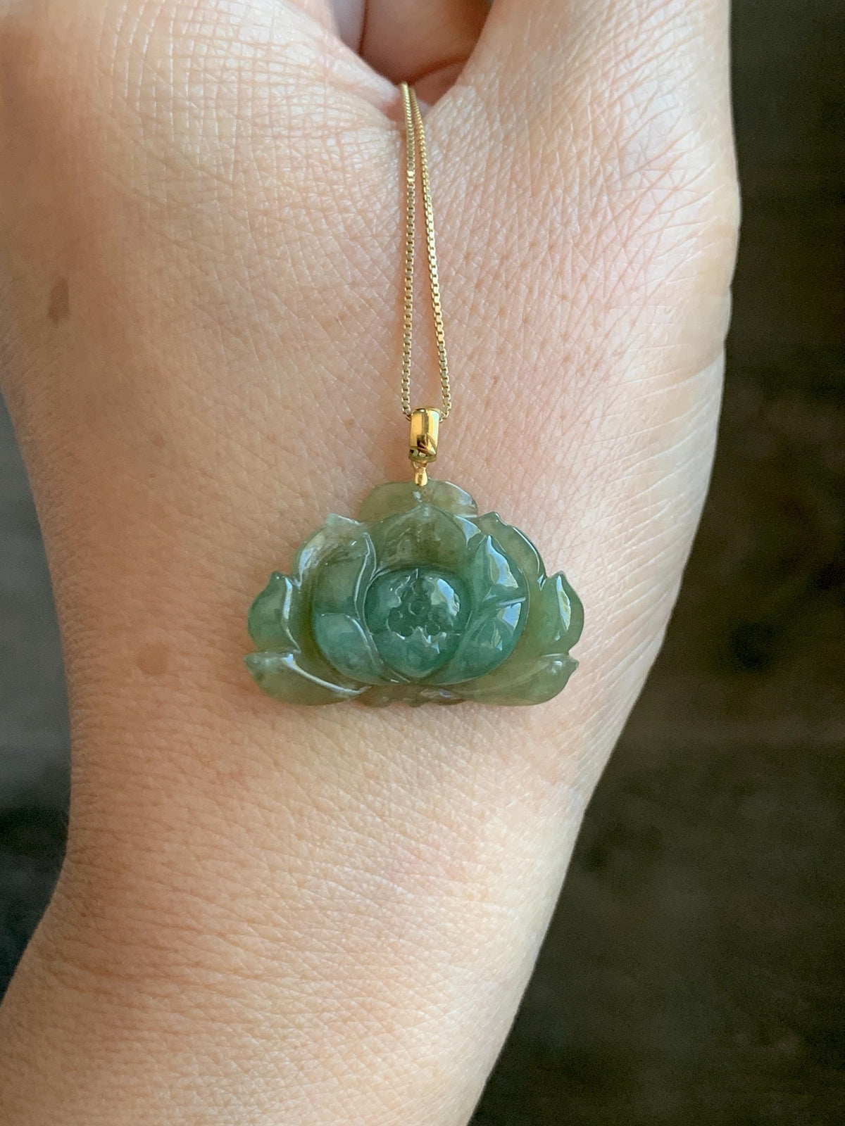 Natural Grade A Icy Translucent Yellowish Green Bicolored Jade Jadeite Lotus Flower Pendant 18K Yellow Gold 4g 天然冰茶黄翡翠莲花镶嵌吊坠 MSS180
