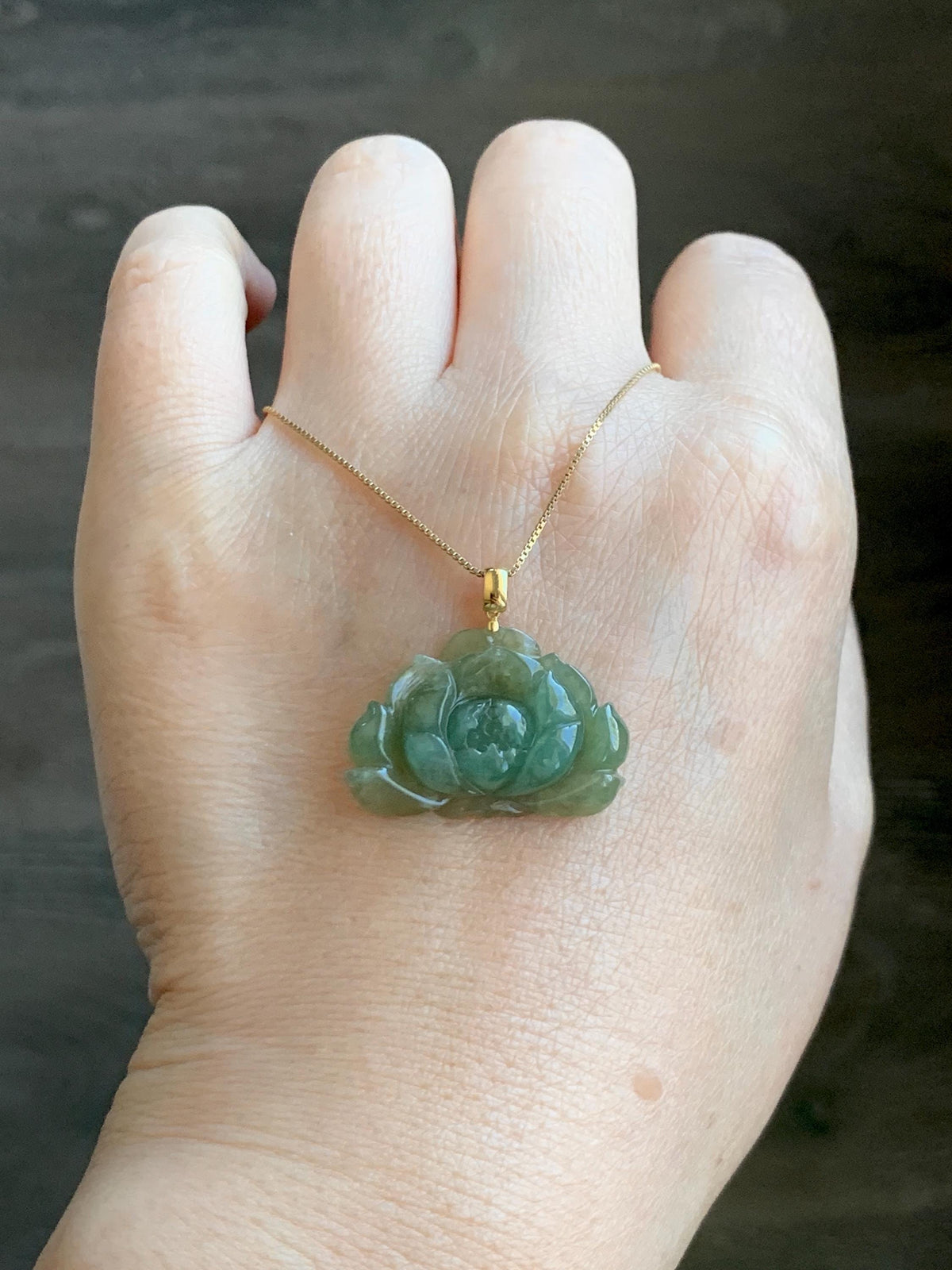Natural Grade A Icy Translucent Yellowish Green Bicolored Jade Jadeite Lotus Flower Pendant 18K Yellow Gold 4g 天然冰茶黄翡翠莲花镶嵌吊坠 MSS180