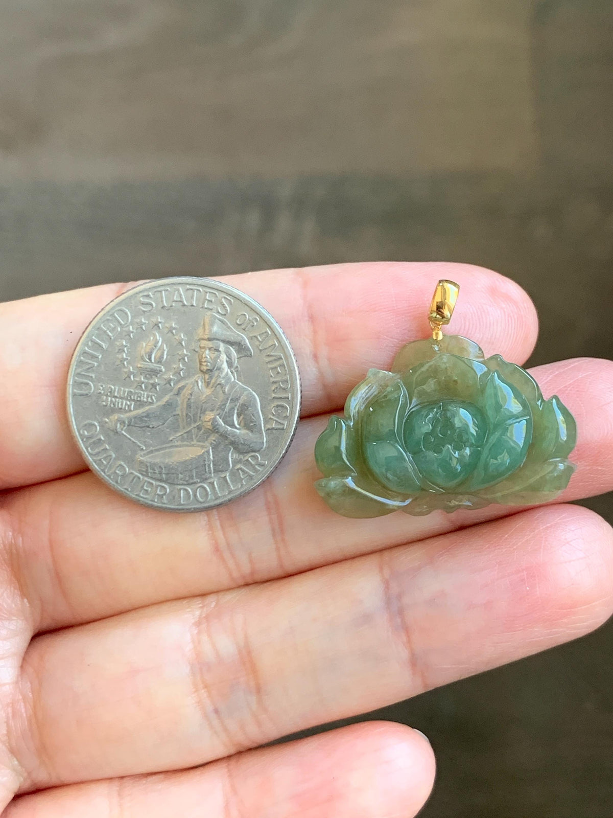 Natural Grade A Icy Translucent Yellowish Green Bicolored Jade Jadeite Lotus Flower Pendant 18K Yellow Gold 4g 天然冰茶黄翡翠莲花镶嵌吊坠 MSS180