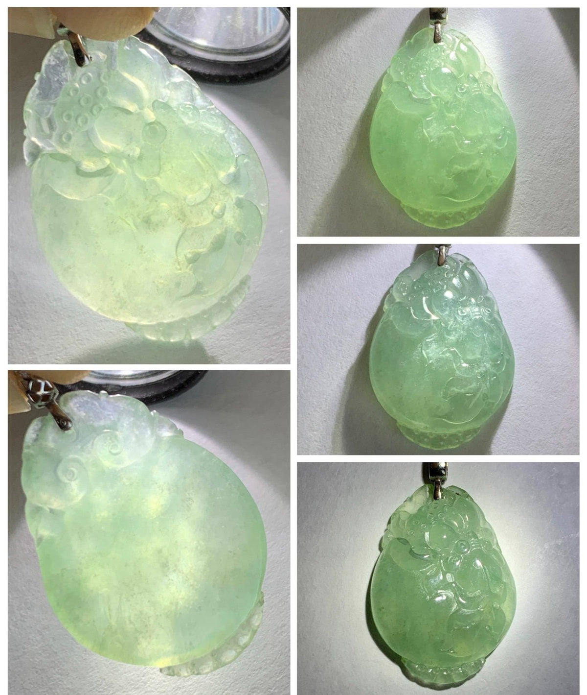 Natural Grade A Icy Translucent Dusty Teal Green Jade Jadeite Lotus Flower Goldfish Donut Pendant 18K White Gold 3g 天然冰胶晴蓝底翡翠莲花鱼吊坠 MTG588