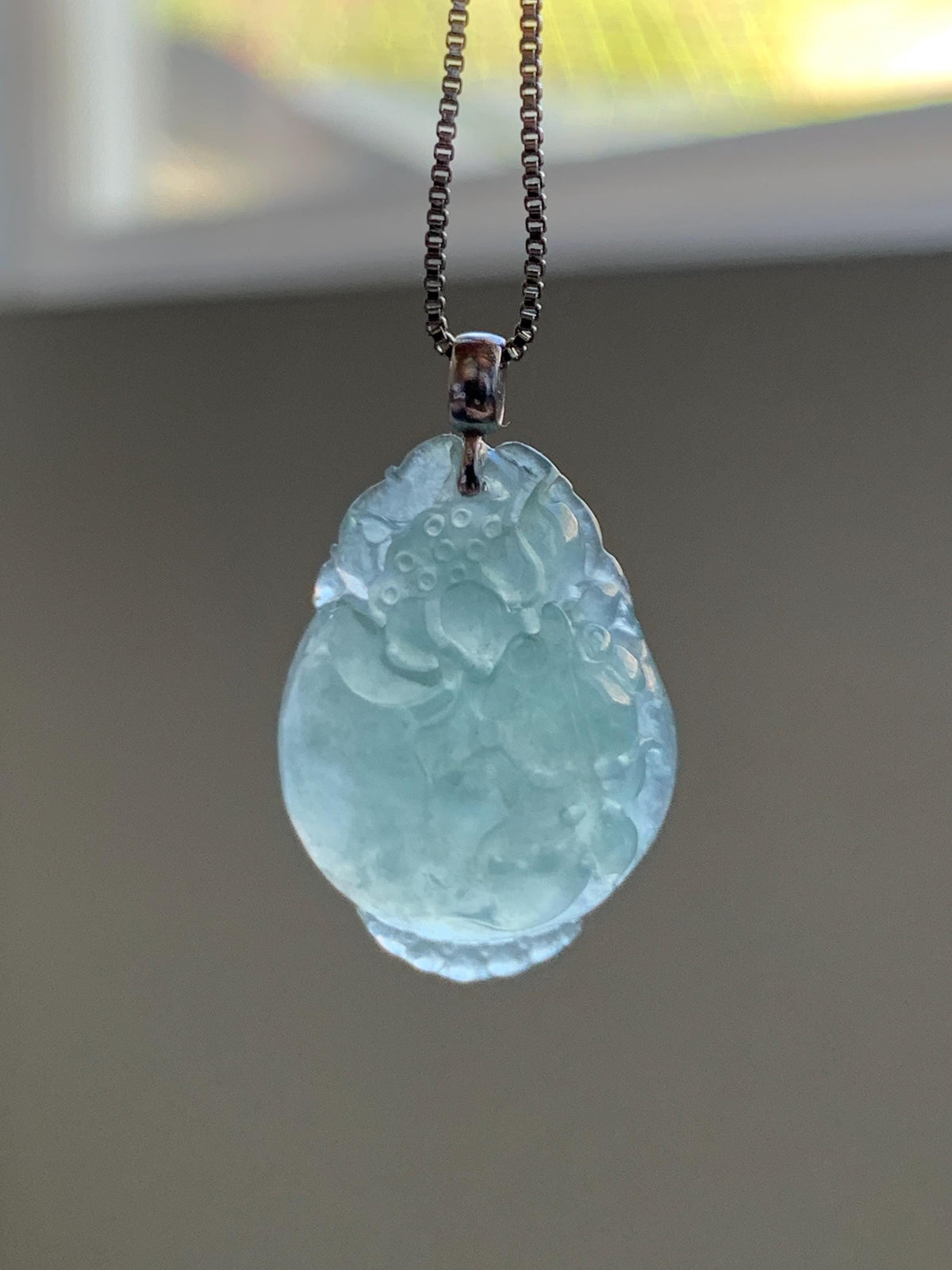 Natural Grade A Icy Translucent Dusty Teal Green Jade Jadeite Lotus Flower Goldfish Donut Pendant 18K White Gold 3g 天然冰胶晴蓝底翡翠莲花鱼吊坠 MTG588