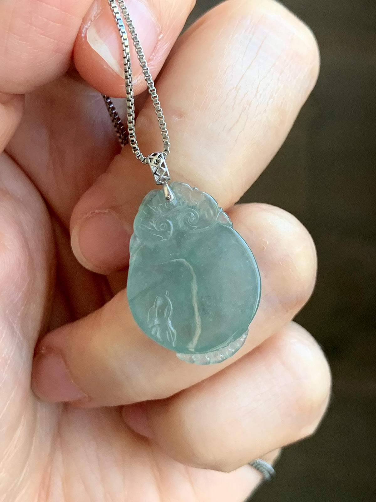 Natural Grade A Icy Translucent Dusty Teal Green Jade Jadeite Lotus Flower Goldfish Donut Pendant 18K White Gold 3g 天然冰胶晴蓝底翡翠莲花鱼吊坠 MTG588