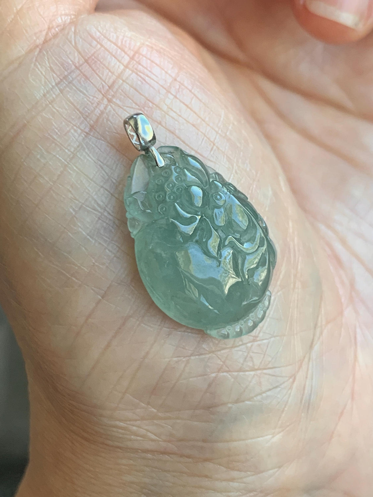 Natural Grade A Icy Translucent Dusty Teal Green Jade Jadeite Lotus Flower Goldfish Donut Pendant 18K White Gold 3g 天然冰胶晴蓝底翡翠莲花鱼吊坠 MTG588