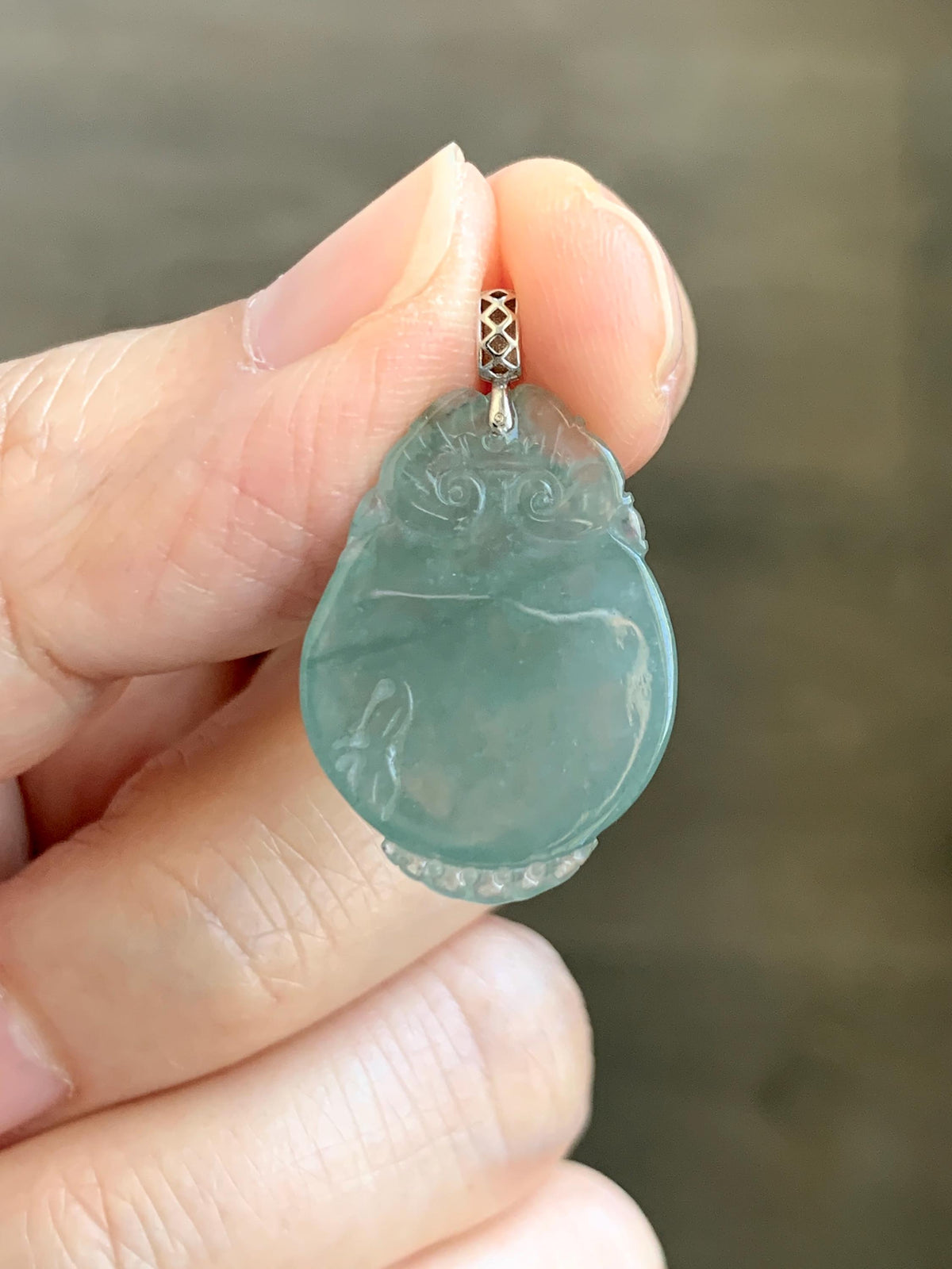 Natural Grade A Icy Translucent Dusty Teal Green Jade Jadeite Lotus Flower Goldfish Donut Pendant 18K White Gold 3g 天然冰胶晴蓝底翡翠莲花鱼吊坠 MTG588