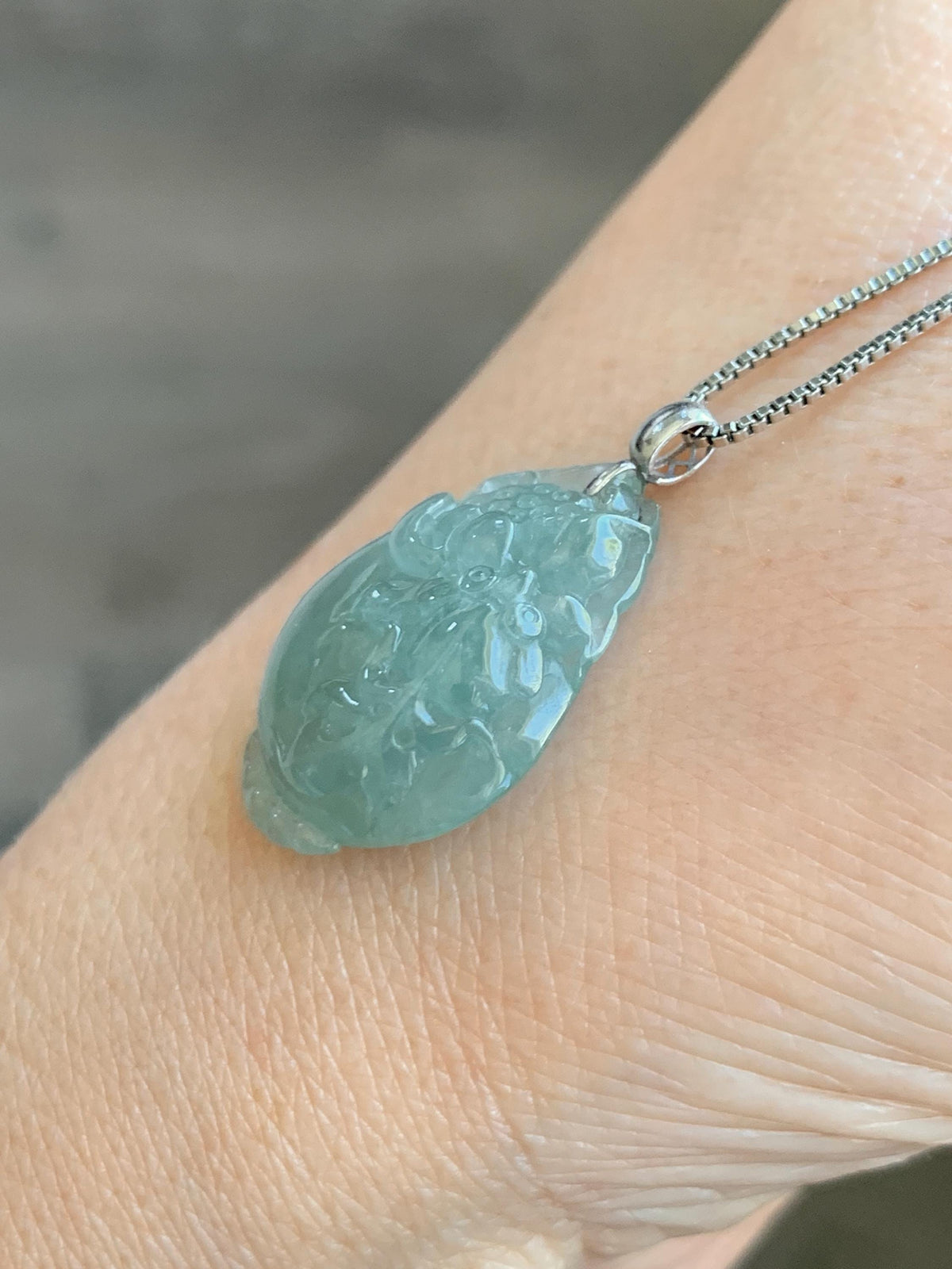 Natural Grade A Icy Translucent Dusty Teal Green Jade Jadeite Lotus Flower Goldfish Donut Pendant 18K White Gold 3g 天然冰胶晴蓝底翡翠莲花鱼吊坠 MTG588