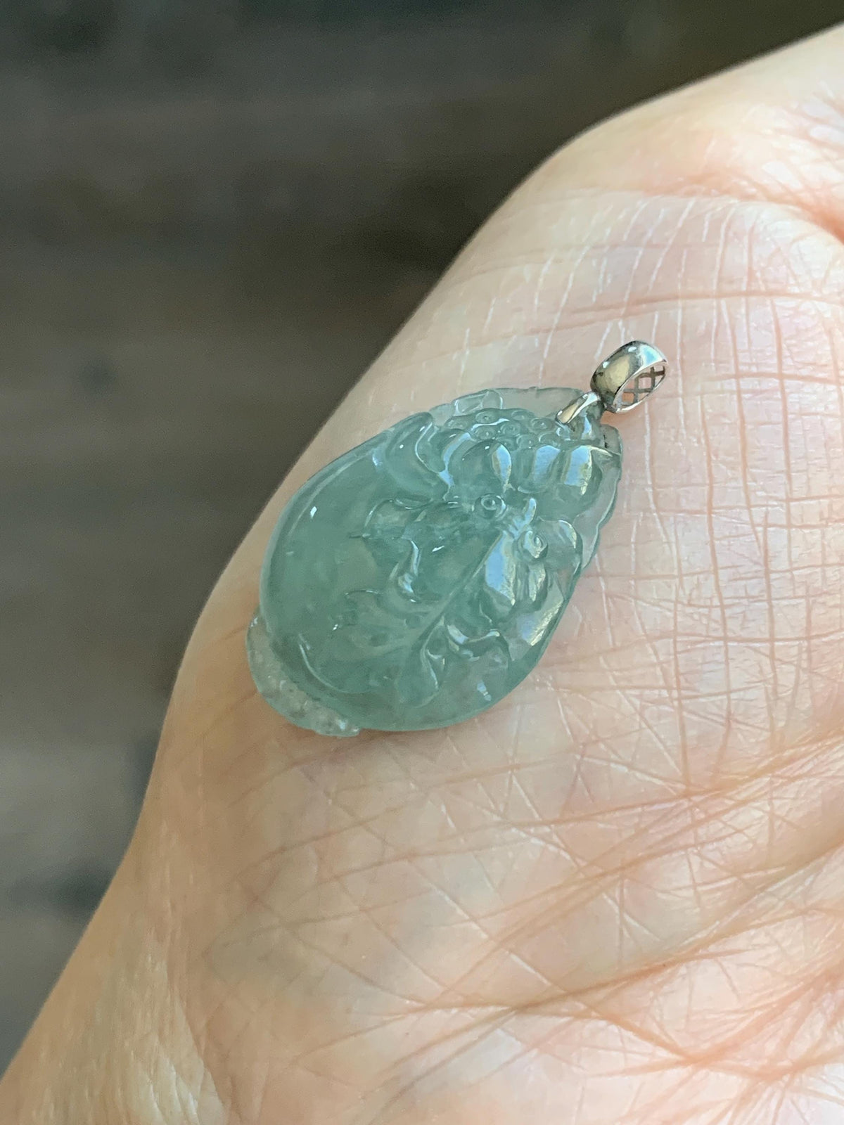 Natural Grade A Icy Translucent Dusty Teal Green Jade Jadeite Lotus Flower Goldfish Donut Pendant 18K White Gold 3g 天然冰胶晴蓝底翡翠莲花鱼吊坠 MTG588