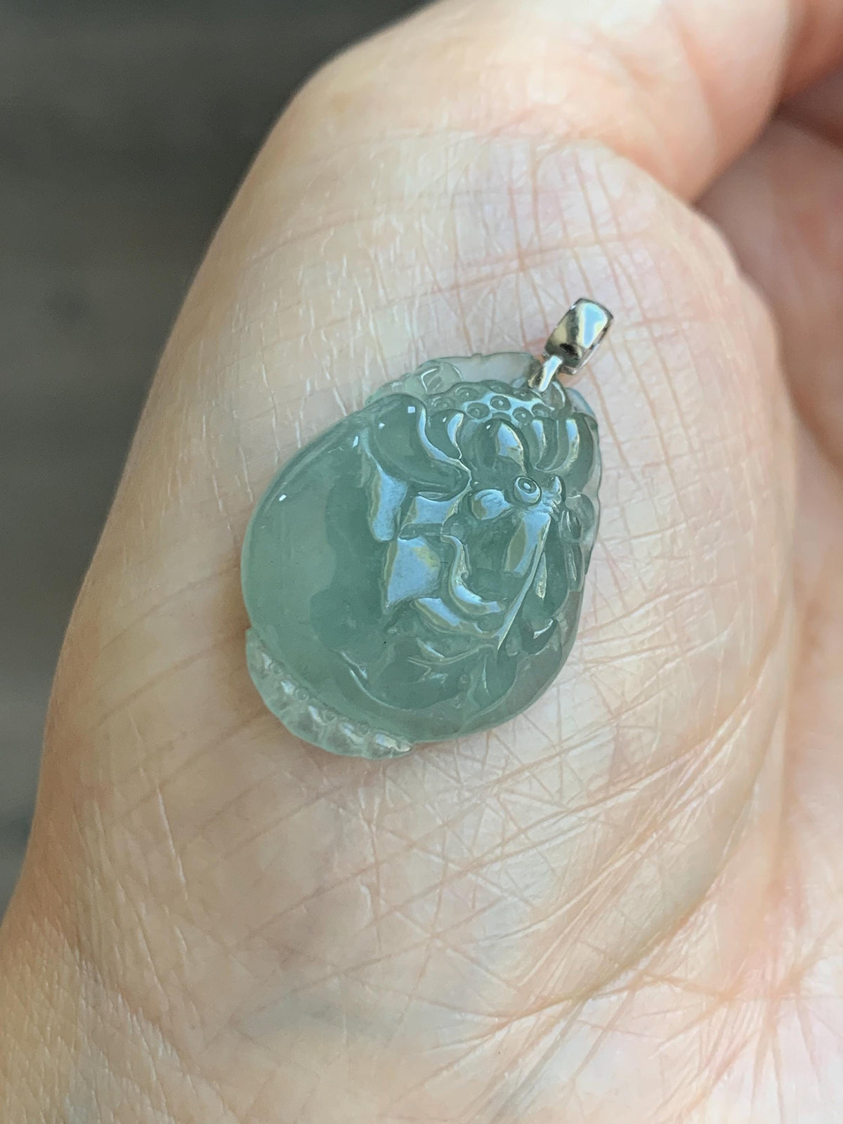 Natural Grade A Icy Translucent Dusty Teal Green Jade Jadeite Lotus Flower Goldfish Donut Pendant 18K White Gold 3g 天然冰胶晴蓝底翡翠莲花鱼吊坠 MTG588