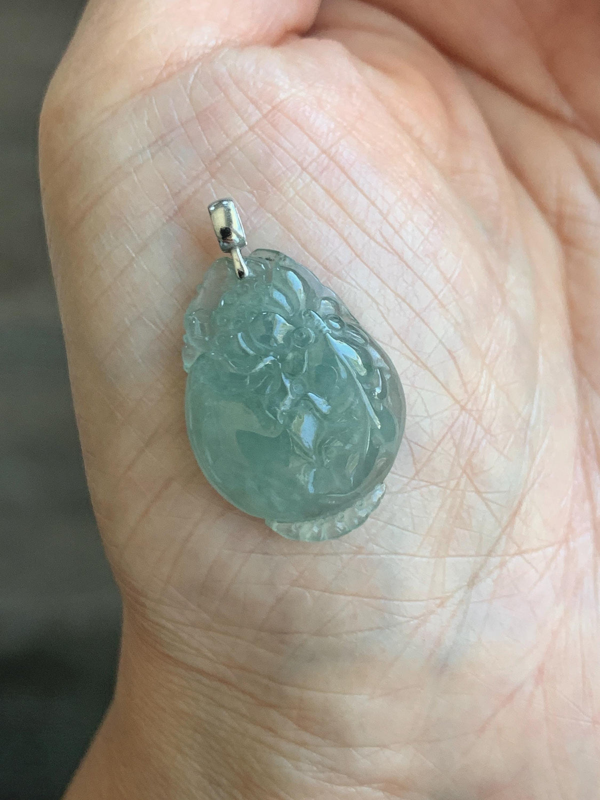Natural Grade A Icy Translucent Dusty Teal Green Jade Jadeite Lotus Flower Goldfish Donut Pendant 18K White Gold 3g 天然冰胶晴蓝底翡翠莲花鱼吊坠 MTG588