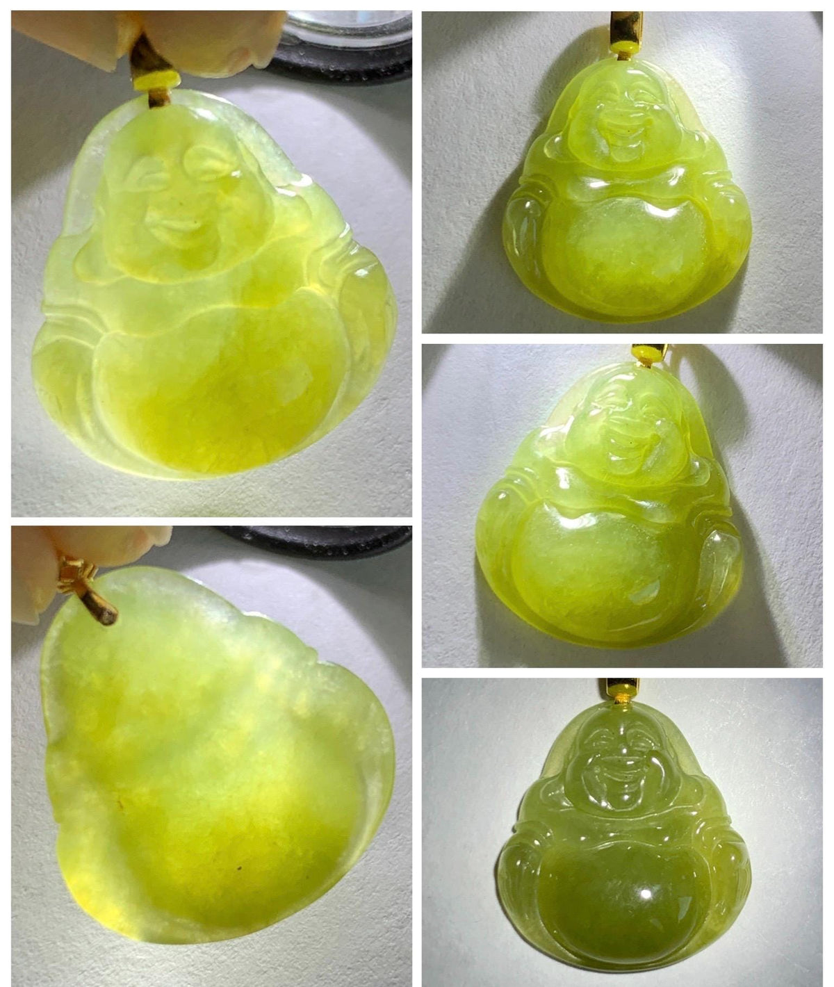 Natural Grade A Icy Translucent Yellowish Brown Jade Jadeite Carved Buddha Petite Pendant 18K Yellow Gold 天然冰茶黄翡翠小佛公镶嵌吊坠 MCH180