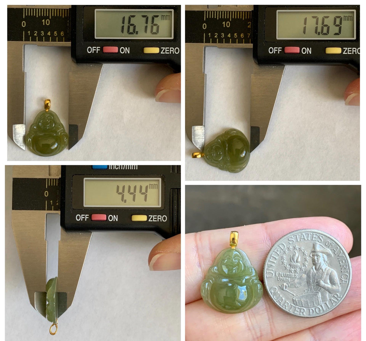 Natural Grade A Icy Translucent Yellowish Brown Jade Jadeite Carved Buddha Petite Pendant 18K Yellow Gold 天然冰茶黄翡翠小佛公镶嵌吊坠 MCH180
