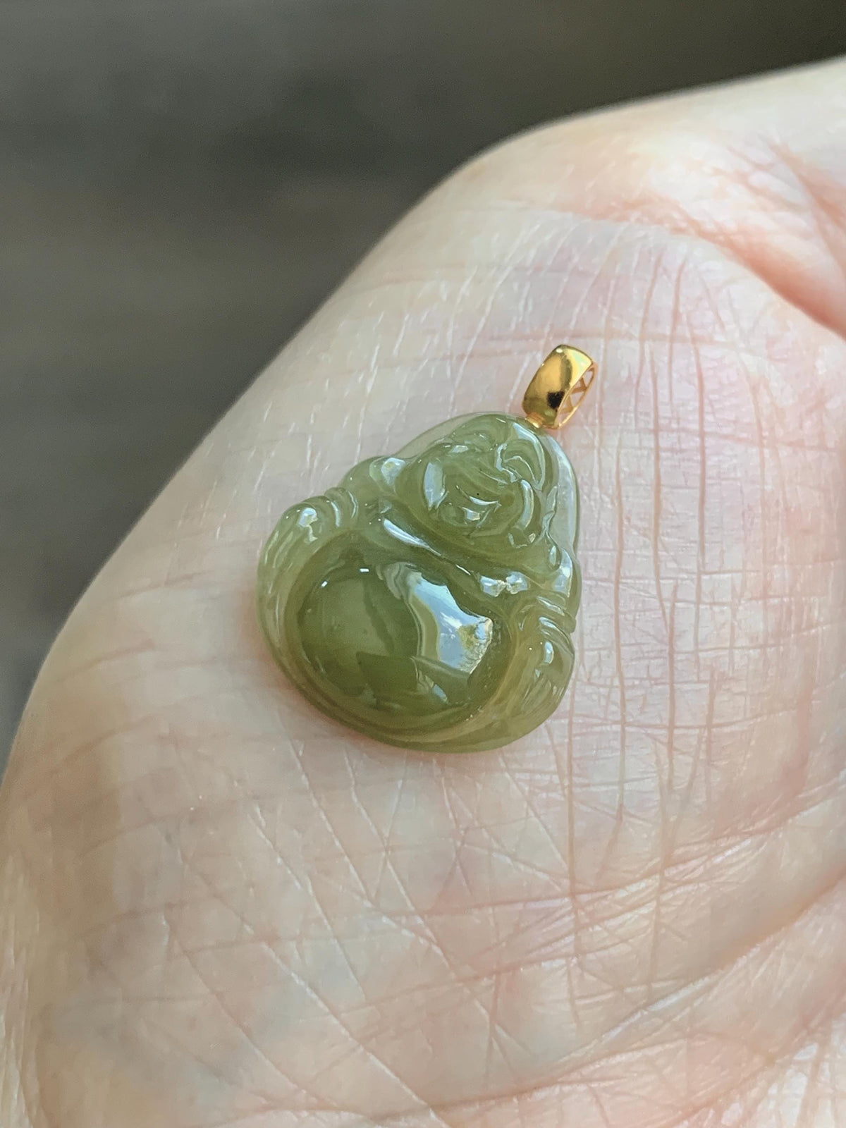 Natural Grade A Icy Translucent Yellowish Brown Jade Jadeite Carved Buddha Petite Pendant 18K Yellow Gold 天然冰茶黄翡翠小佛公镶嵌吊坠 MCH180