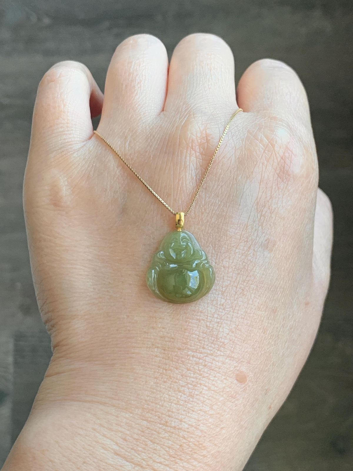 Natural Grade A Icy Translucent Yellowish Brown Jade Jadeite Carved Buddha Petite Pendant 18K Yellow Gold 天然冰茶黄翡翠小佛公镶嵌吊坠 MCH180