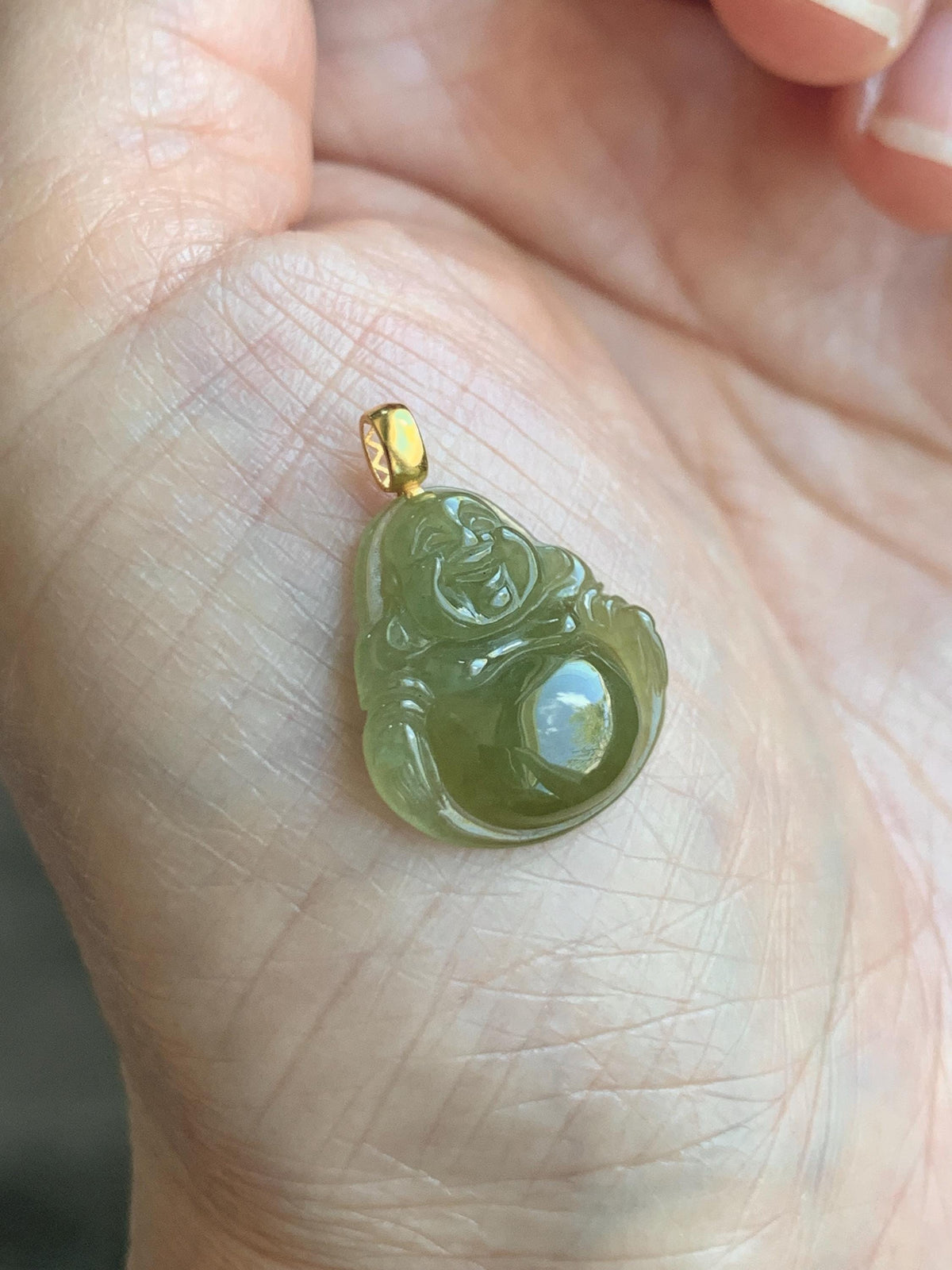 Natural Grade A Icy Translucent Yellowish Brown Jade Jadeite Carved Buddha Petite Pendant 18K Yellow Gold 天然冰茶黄翡翠小佛公镶嵌吊坠 MCH180