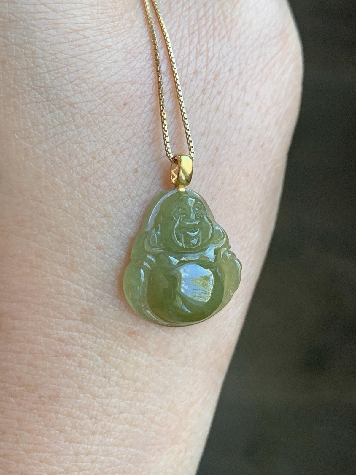 Natural Grade A Icy Translucent Yellowish Brown Jade Jadeite Carved Buddha Petite Pendant 18K Yellow Gold 天然冰茶黄翡翠小佛公镶嵌吊坠 MCH180
