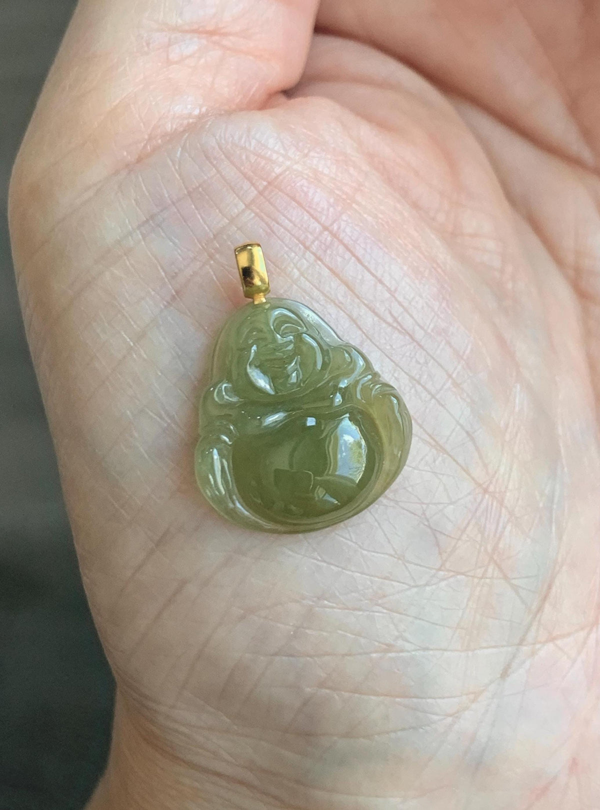 Natural Grade A Icy Translucent Yellowish Brown Jade Jadeite Carved Buddha Petite Pendant 18K Yellow Gold 天然冰茶黄翡翠小佛公镶嵌吊坠 MCH180