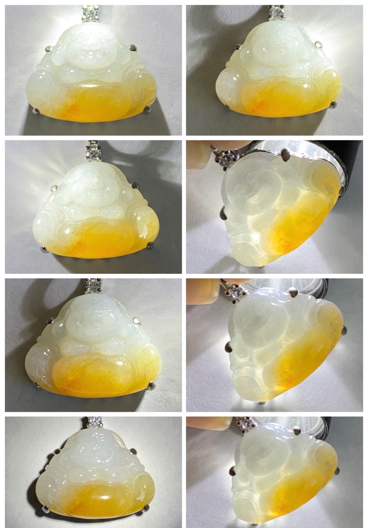 Certified Natural Grade A Icy Translucent White Yellow Marbled Bicolored Jade Jadeite Buddha Petite Pendant Sterling Silver 天然白冰撒金翡翠佛公吊坠1014