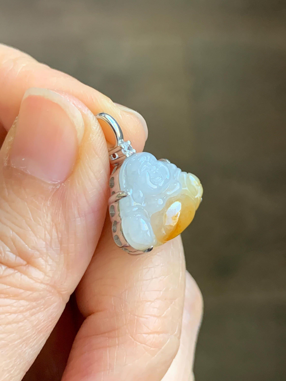 Certified Natural Grade A Icy Translucent White Yellow Marbled Bicolored Jade Jadeite Buddha Petite Pendant Sterling Silver 天然白冰撒金翡翠佛公吊坠1014