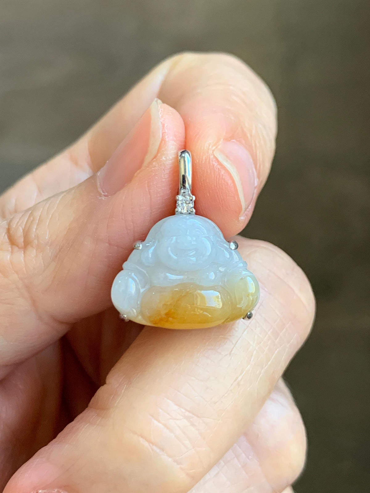 Certified Natural Grade A Icy Translucent White Yellow Marbled Bicolored Jade Jadeite Buddha Petite Pendant Sterling Silver 天然白冰撒金翡翠佛公吊坠1014