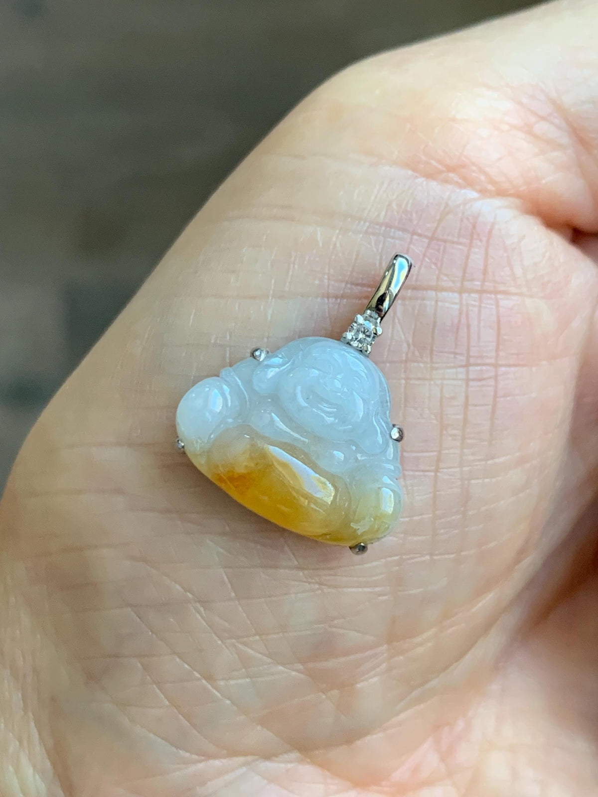Certified Natural Grade A Icy Translucent White Yellow Marbled Bicolored Jade Jadeite Buddha Petite Pendant Sterling Silver 天然白冰撒金翡翠佛公吊坠1014