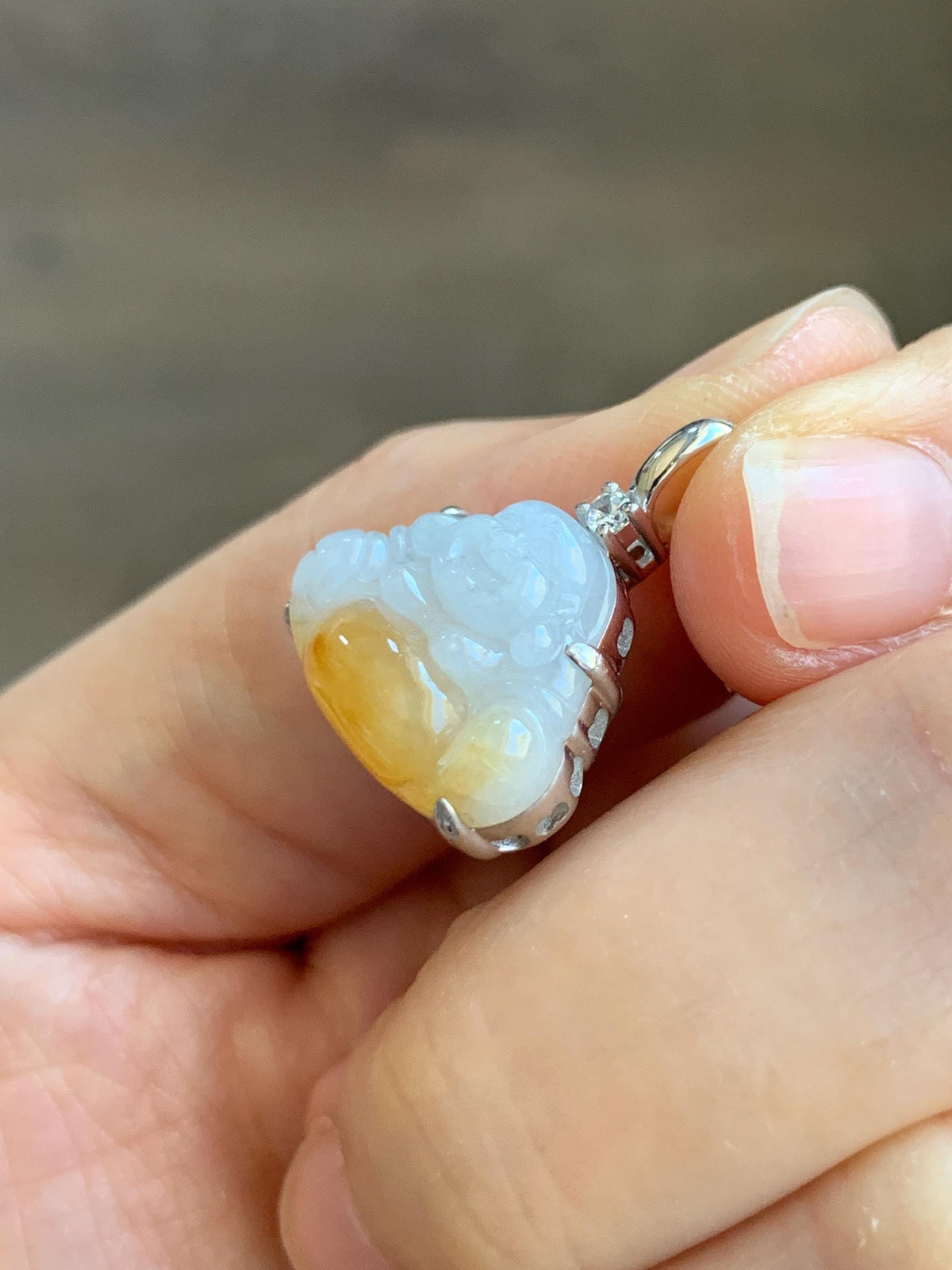Certified Natural Grade A Icy Translucent White Yellow Marbled Bicolored Jade Jadeite Buddha Petite Pendant Sterling Silver 天然白冰撒金翡翠佛公吊坠1014