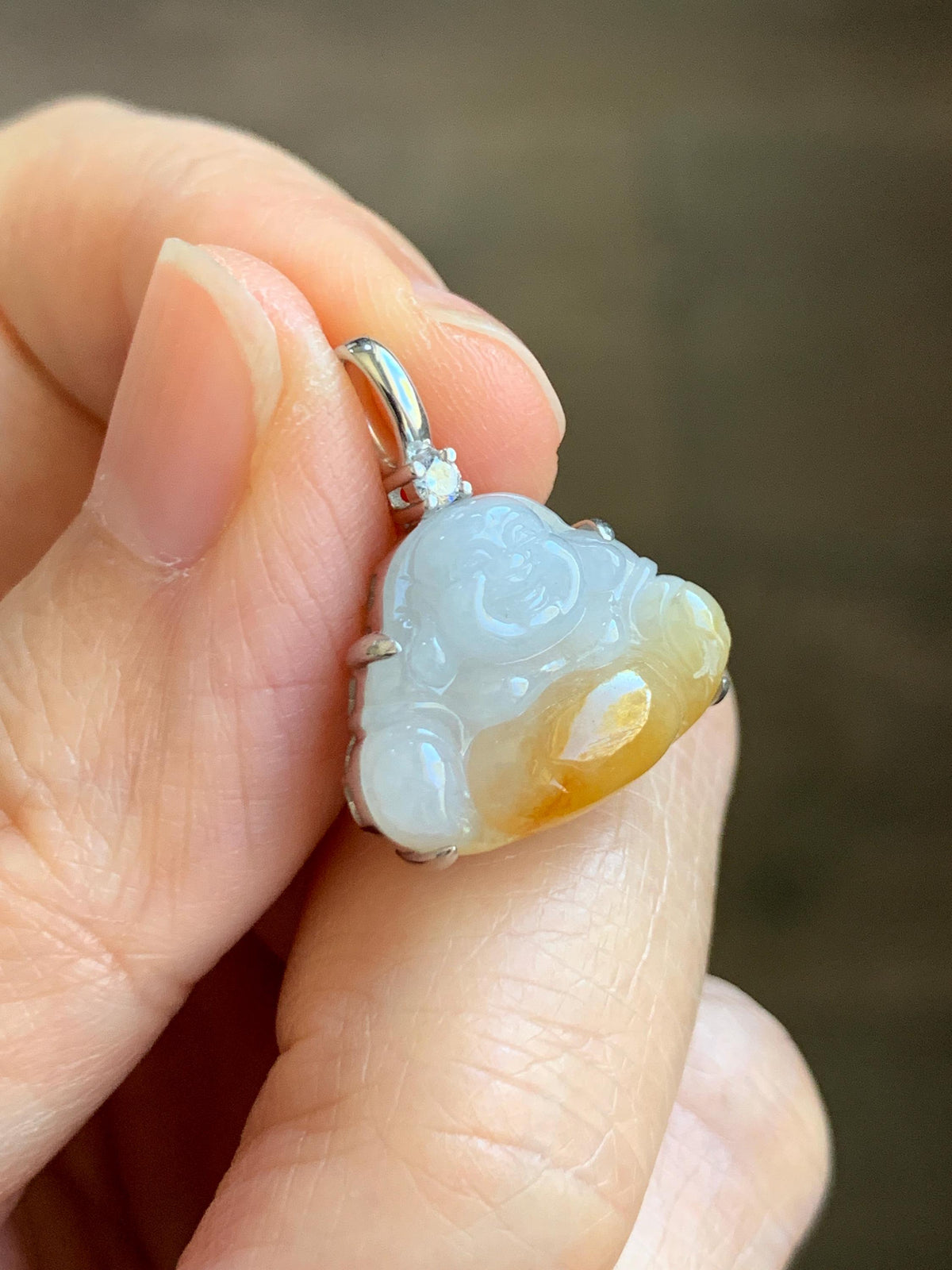 Certified Natural Grade A Icy Translucent White Yellow Marbled Bicolored Jade Jadeite Buddha Petite Pendant Sterling Silver 天然白冰撒金翡翠佛公吊坠1014
