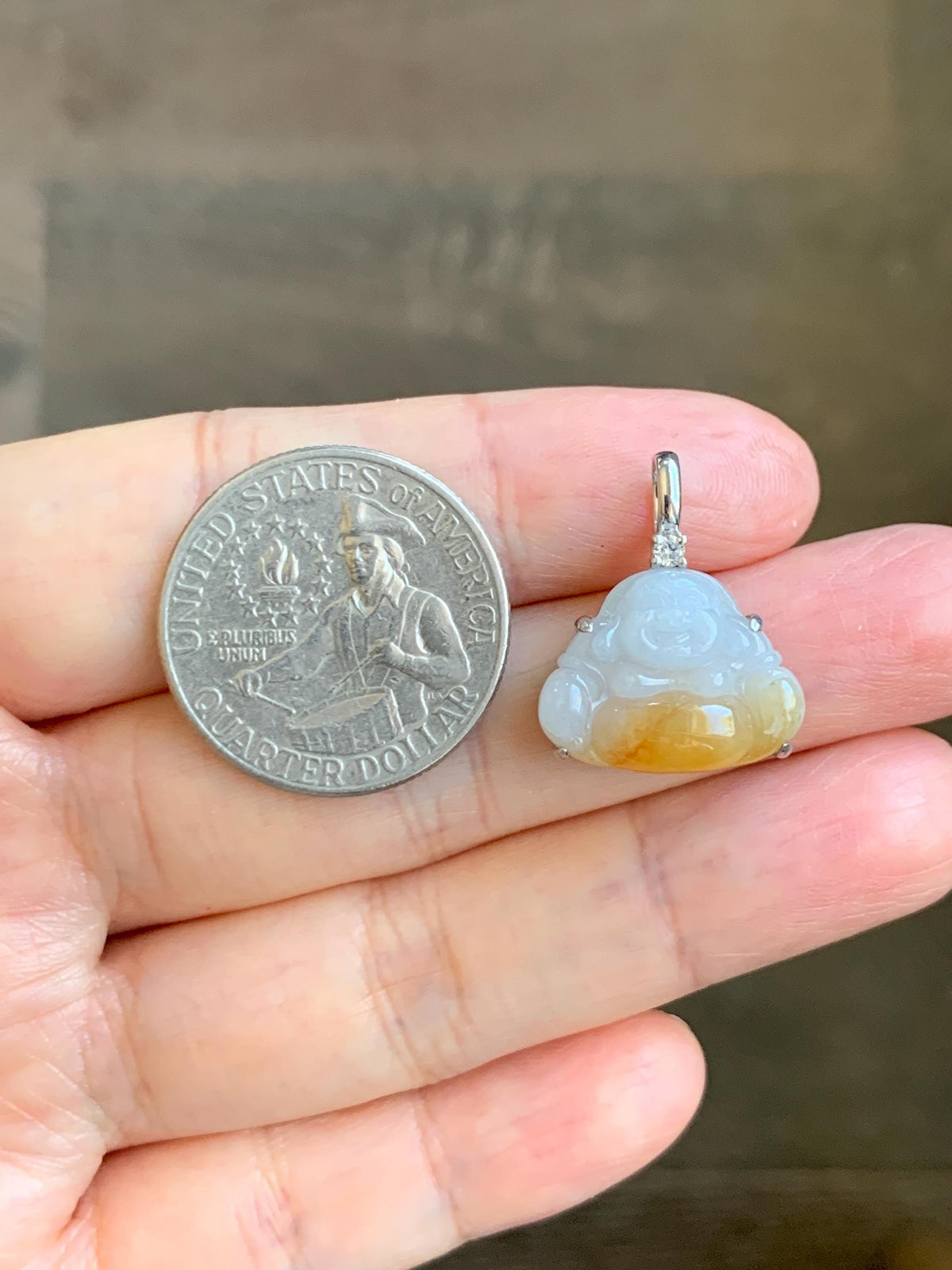 Certified Natural Grade A Icy Translucent White Yellow Marbled Bicolored Jade Jadeite Buddha Petite Pendant Sterling Silver 天然白冰撒金翡翠佛公吊坠1014
