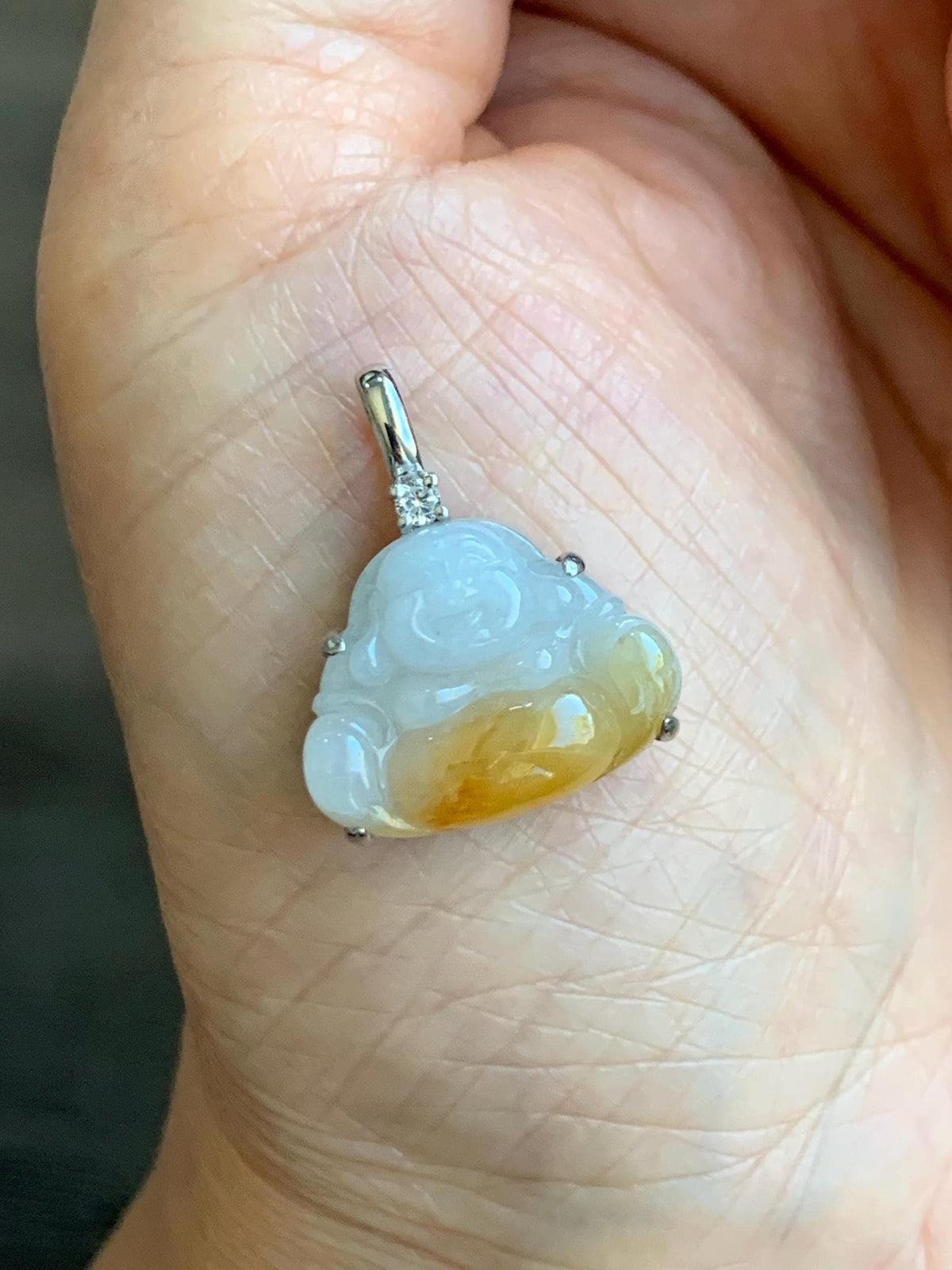 Certified Natural Grade A Icy Translucent White Yellow Marbled Bicolored Jade Jadeite Buddha Petite Pendant Sterling Silver 天然白冰撒金翡翠佛公吊坠1014