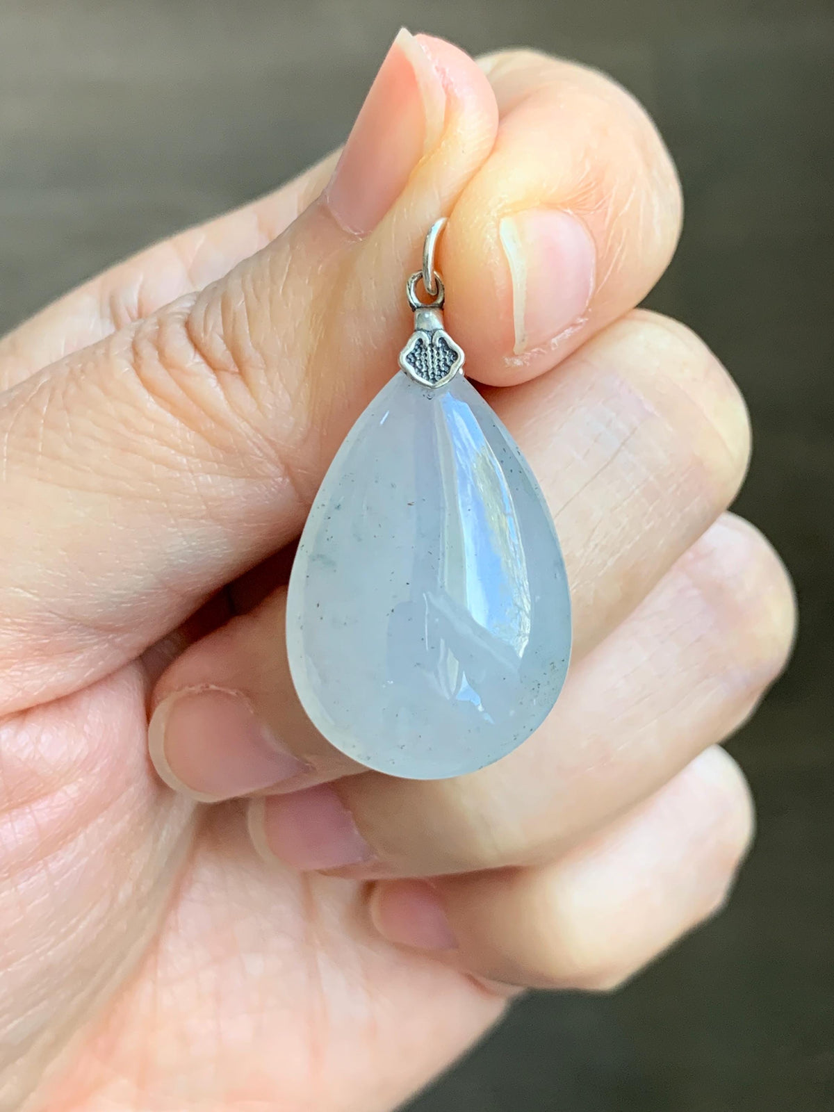 Certified Natural Grade A Icy Highly Translucent Light Gray Wuji Jade Jadeite Teardrop Large Pendant Sterling Silver 6.76g 天然冰胶浅乌鸡翡翠水滴吊坠 969
