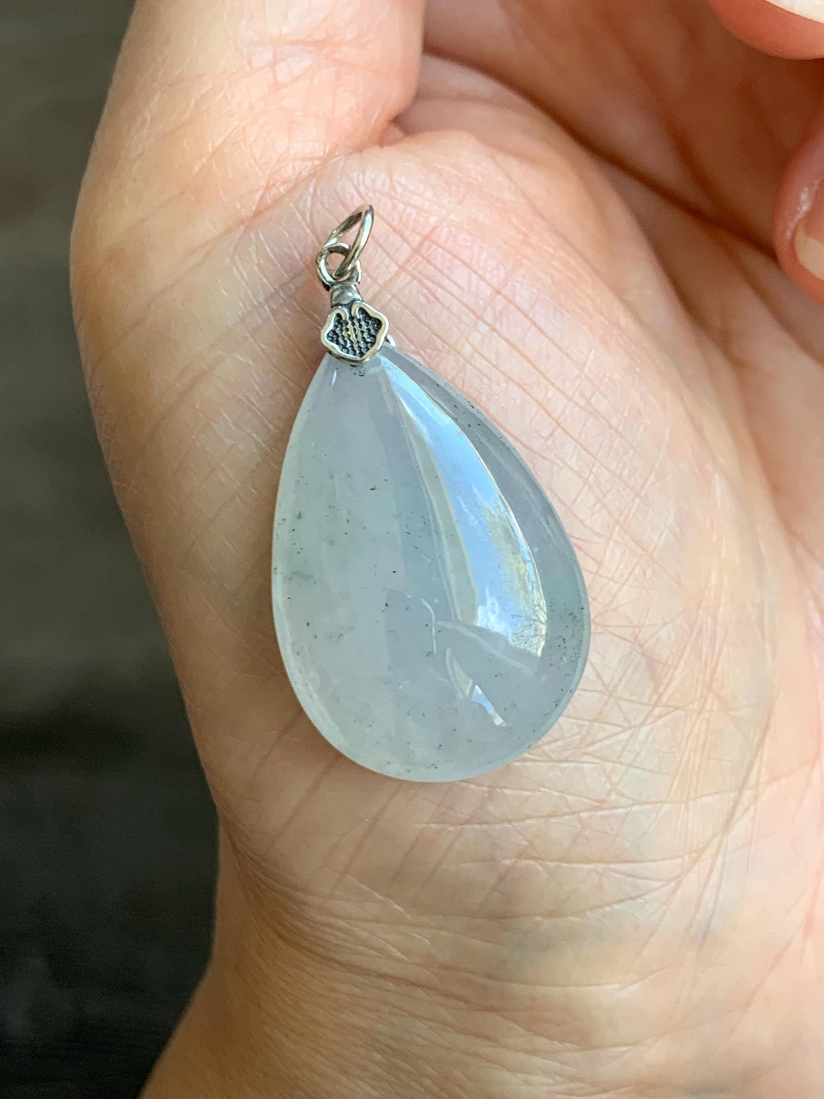 Certified Natural Grade A Icy Highly Translucent Light Gray Wuji Jade Jadeite Teardrop Large Pendant Sterling Silver 6.76g 天然冰胶浅乌鸡翡翠水滴吊坠 969