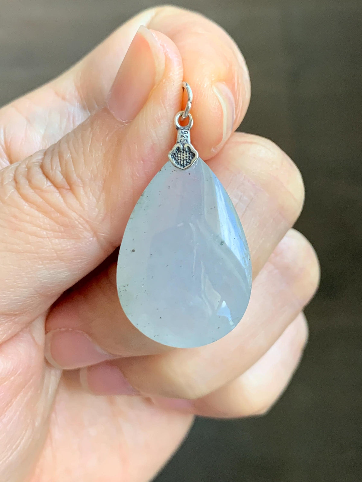 Certified Natural Grade A Icy Highly Translucent Light Gray Wuji Jade Jadeite Teardrop Large Pendant Sterling Silver 6.76g 天然冰胶浅乌鸡翡翠水滴吊坠 969