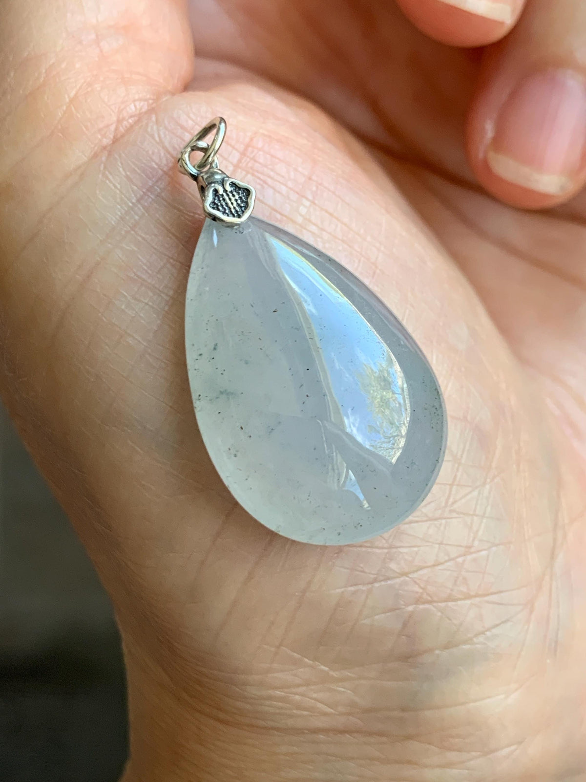 Certified Natural Grade A Icy Highly Translucent Light Gray Wuji Jade Jadeite Teardrop Large Pendant Sterling Silver 6.76g 天然冰胶浅乌鸡翡翠水滴吊坠 969