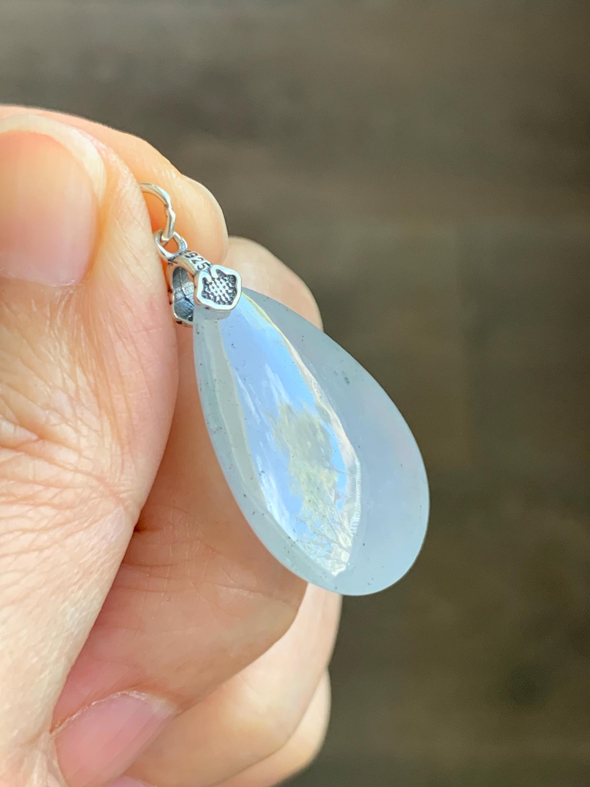 Certified Natural Grade A Icy Highly Translucent Light Gray Wuji Jade Jadeite Teardrop Large Pendant Sterling Silver 6.76g 天然冰胶浅乌鸡翡翠水滴吊坠 969