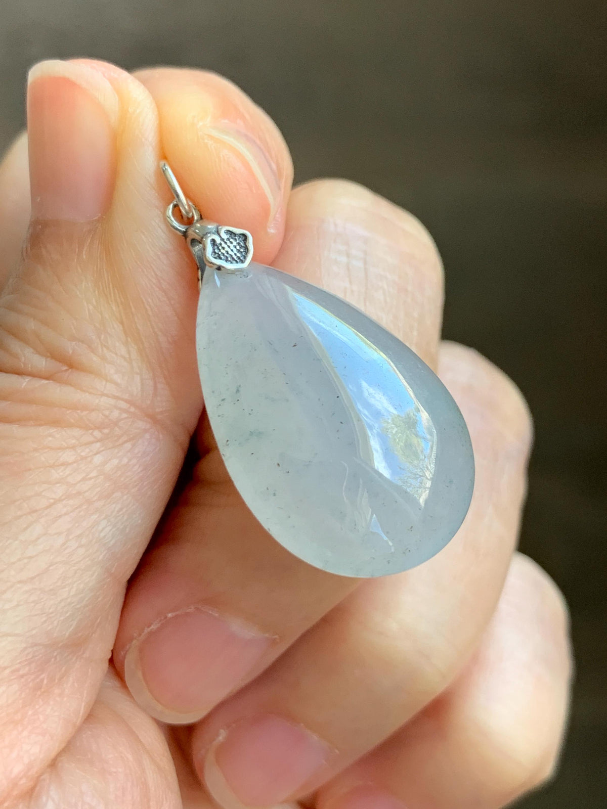 Certified Natural Grade A Icy Highly Translucent Light Gray Wuji Jade Jadeite Teardrop Large Pendant Sterling Silver 6.76g 天然冰胶浅乌鸡翡翠水滴吊坠 969