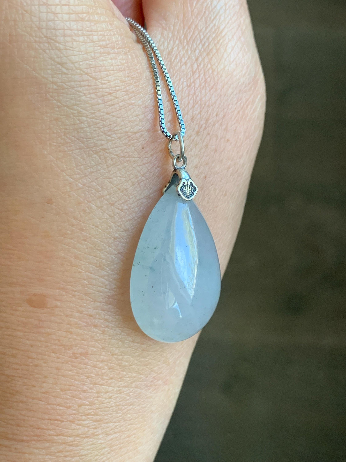 Certified Natural Grade A Icy Highly Translucent Light Gray Wuji Jade Jadeite Teardrop Large Pendant Sterling Silver 6.76g 天然冰胶浅乌鸡翡翠水滴吊坠 969