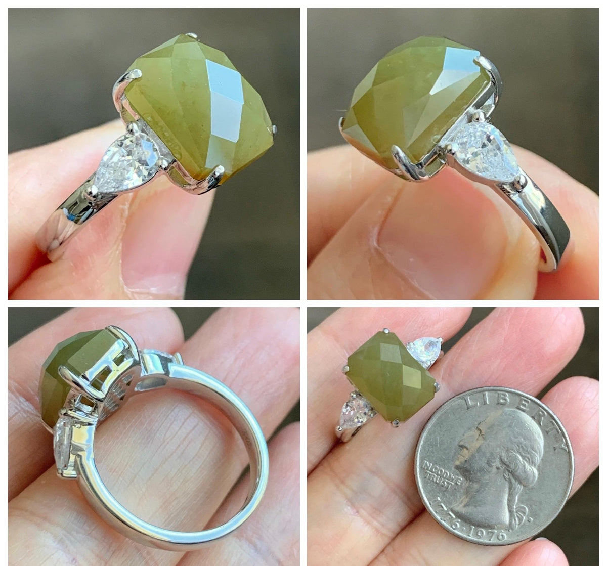 Certified Natural Garde A Icy Translucent Yellowish Olive Green Faceted Jade Jadeite Ring Sterling Silver Size 7.25 US 天然冰茶黄切割面翡翠银镶戒指 1029