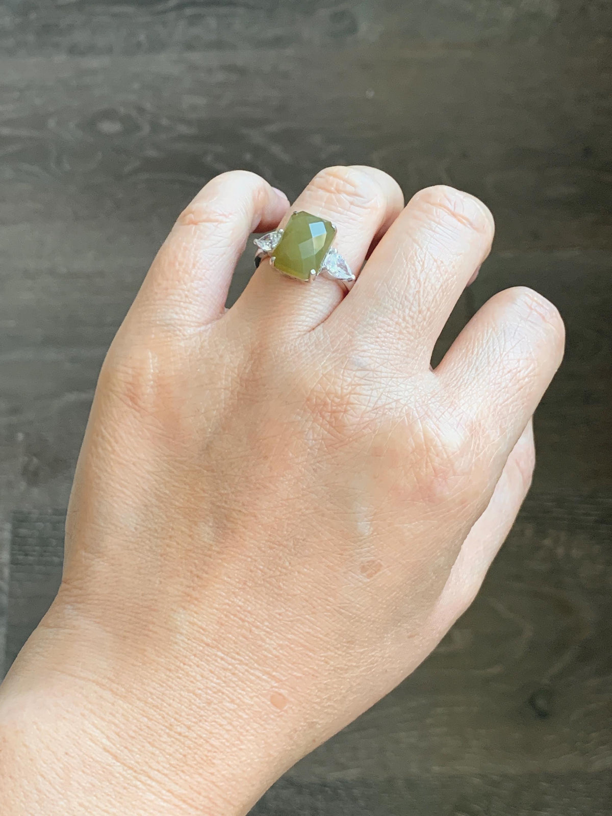 Certified Natural Garde A Icy Translucent Yellowish Olive Green Faceted Jade Jadeite Ring Sterling Silver Size 7.25 US 天然冰茶黄切割面翡翠银镶戒指 1029