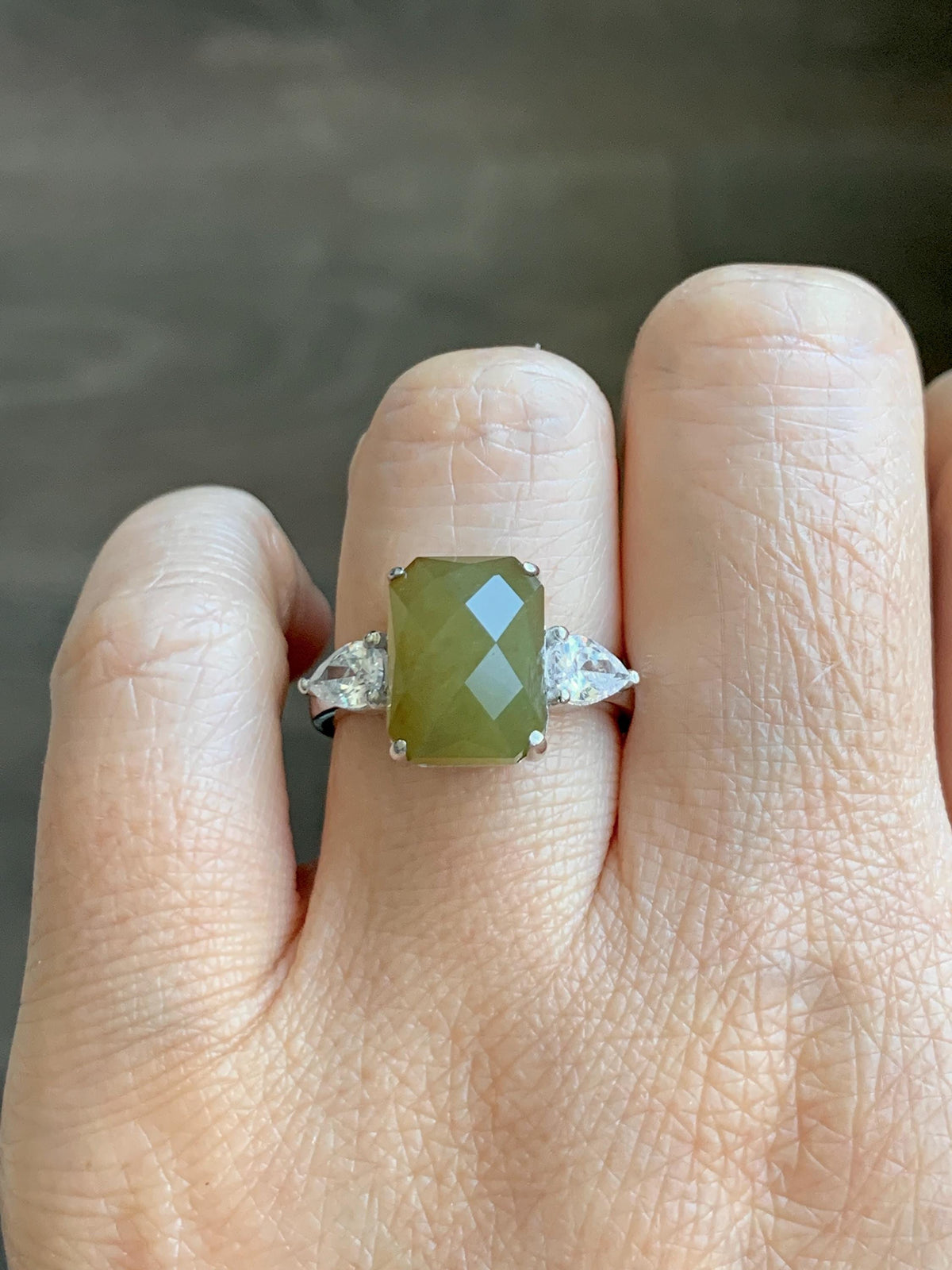 Certified Natural Garde A Icy Translucent Yellowish Olive Green Faceted Jade Jadeite Ring Sterling Silver Size 7.25 US 天然冰茶黄切割面翡翠银镶戒指 1029