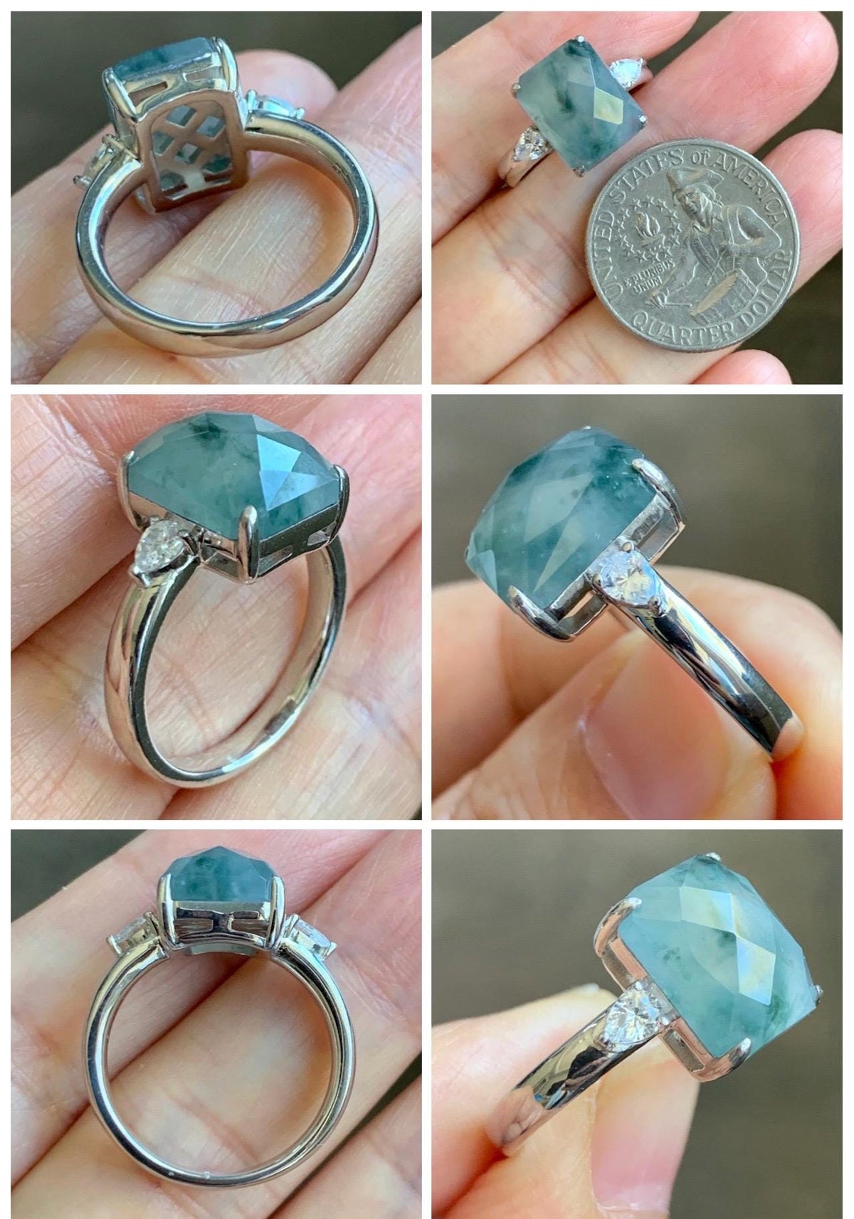Certified Natural Garde A Icy Highly Translucent Pastel Green Marbled Jade Jadeite Ring Sterling Silver Size 7.5 US 天然冰晴飘花切割面翡翠银镶戒指 1018