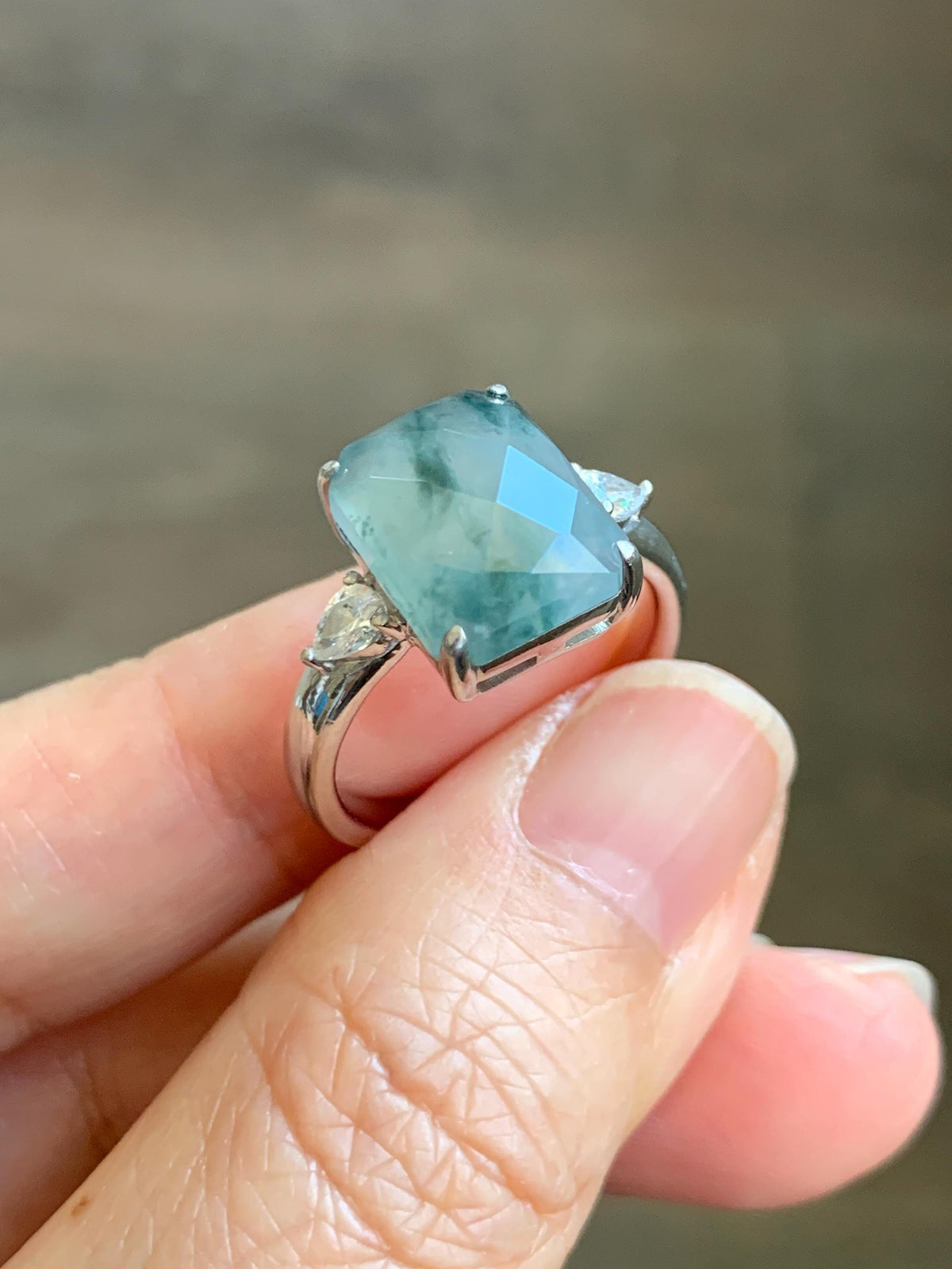 Certified Natural Garde A Icy Highly Translucent Pastel Green Marbled Jade Jadeite Ring Sterling Silver Size 7.5 US 天然冰晴飘花切割面翡翠银镶戒指 1018