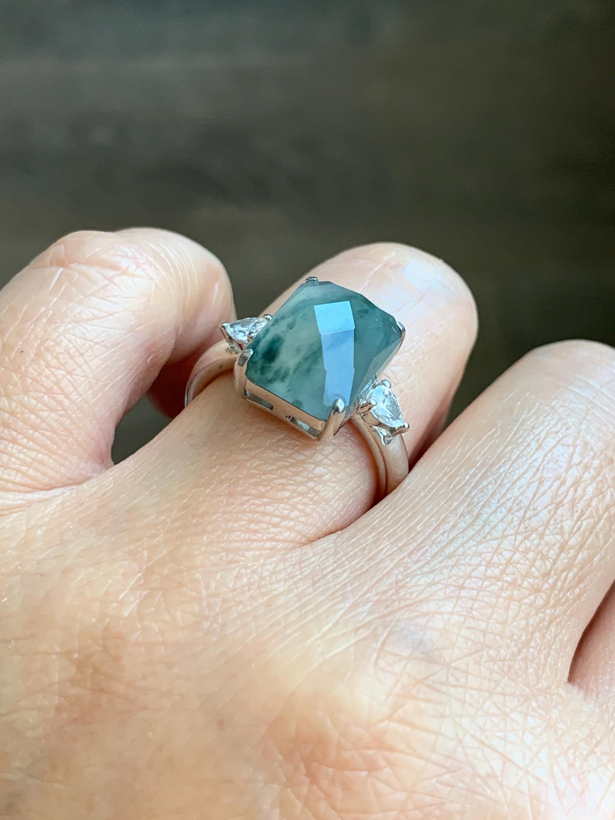 Certified Natural Garde A Icy Highly Translucent Pastel Green Marbled Jade Jadeite Ring Sterling Silver Size 7.5 US 天然冰晴飘花切割面翡翠银镶戒指 1018