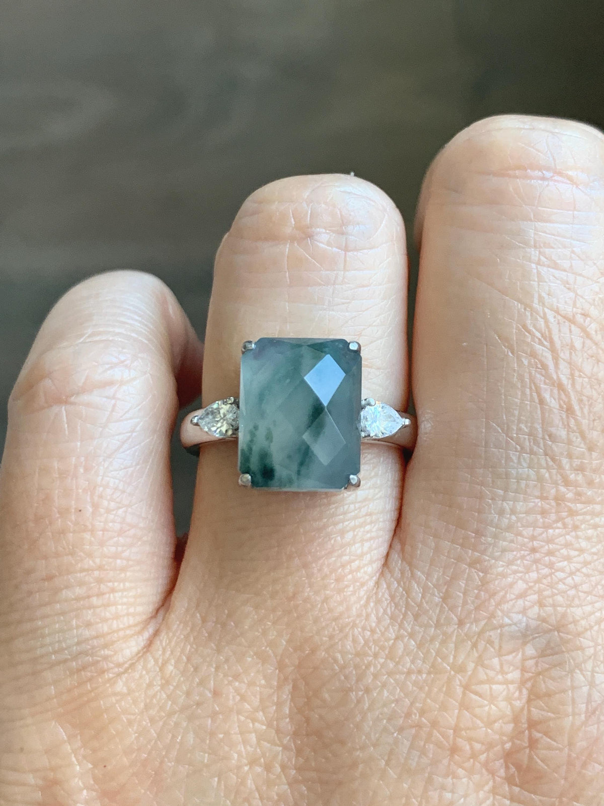 Certified Natural Garde A Icy Highly Translucent Pastel Green Marbled Jade Jadeite Ring Sterling Silver Size 7.5 US 天然冰晴飘花切割面翡翠银镶戒指 1018