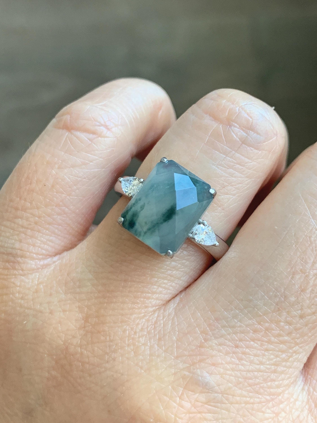 Certified Natural Garde A Icy Highly Translucent Pastel Green Marbled Jade Jadeite Ring Sterling Silver Size 7.5 US 天然冰晴飘花切割面翡翠银镶戒指 1018